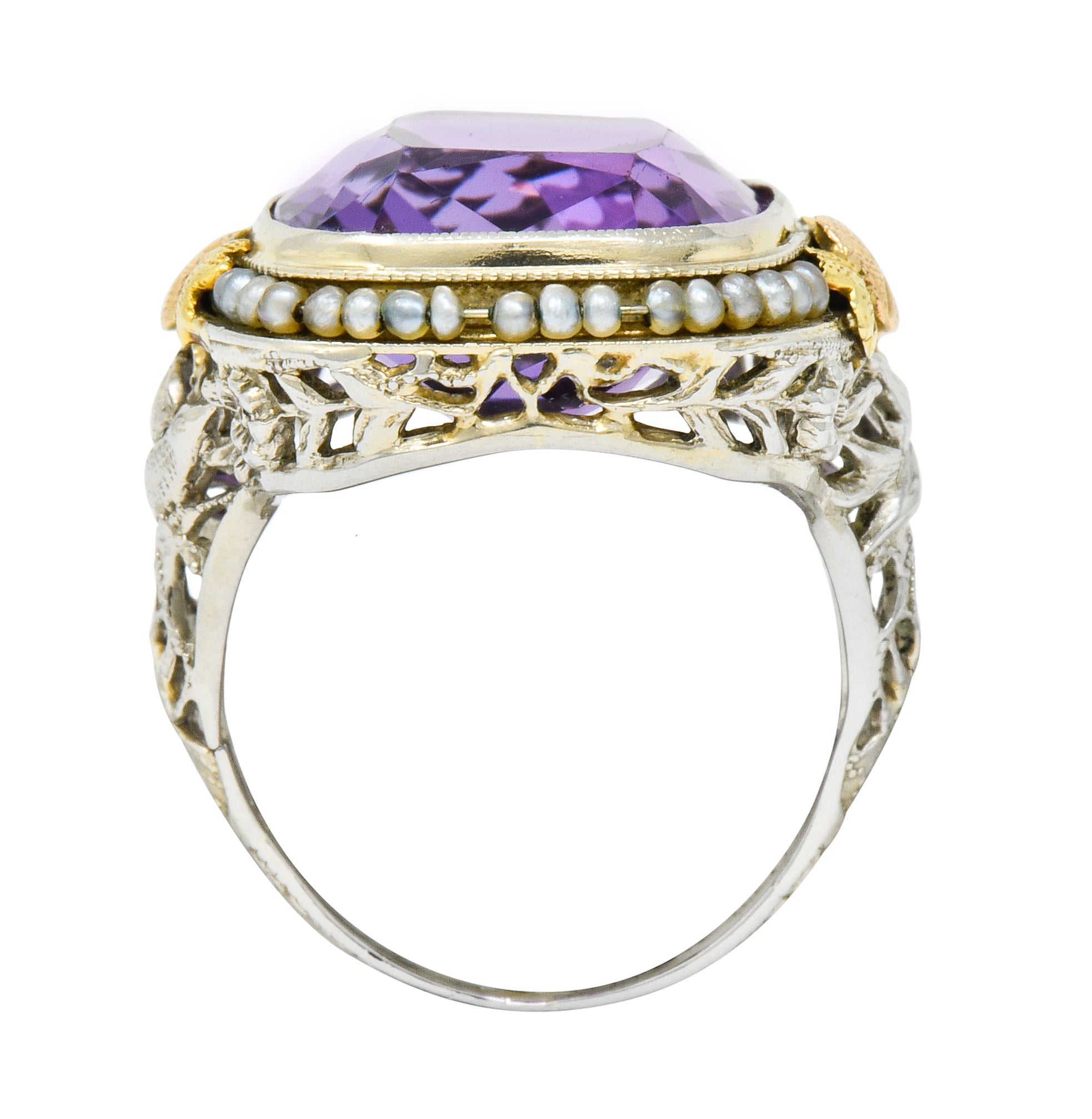 Bassett Jewelry Co. Art Deco 13.34 CTW Amethyst Pearl 18 Karat Tri-Colored Gold Cocktail Ring - Wilson's Estate Jewelry