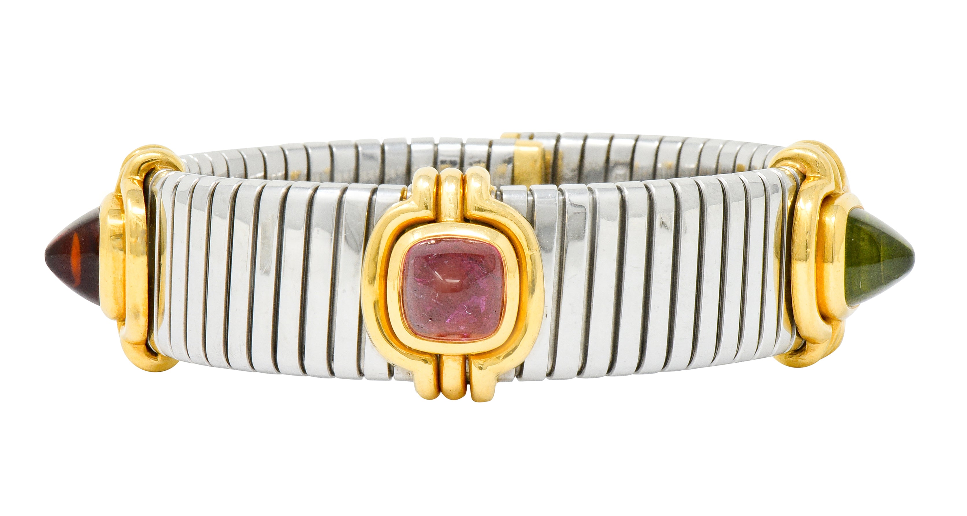 Bulgari Vintage Citrine Peridot Tourmaline Stainless Steel 18 Karat Gold Tubogas Cuff Bracelet - Wilson's Estate Jewelry