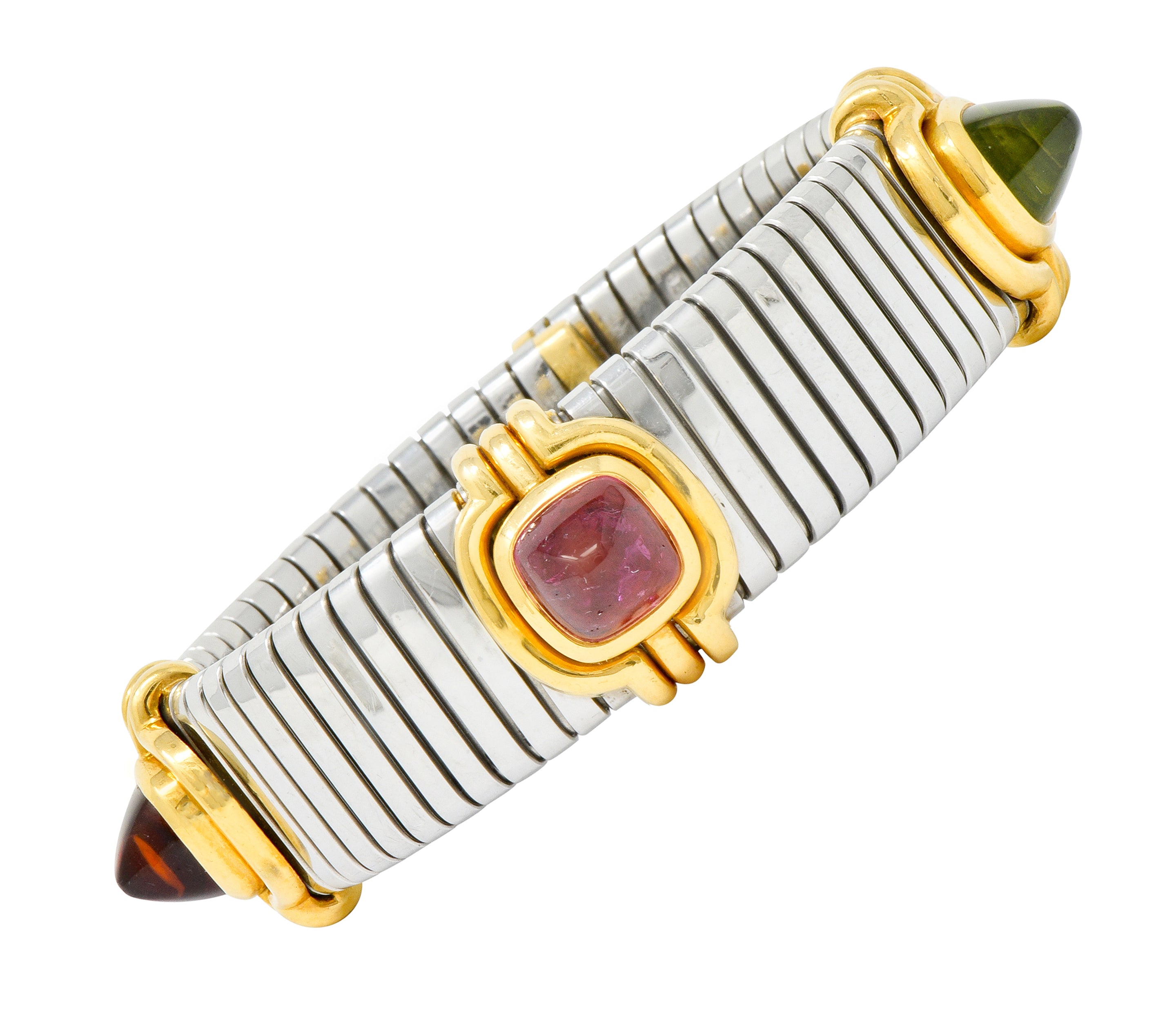 Bulgari Vintage Citrine Peridot Tourmaline Stainless Steel 18 Karat Gold Tubogas Cuff Bracelet - Wilson's Estate Jewelry