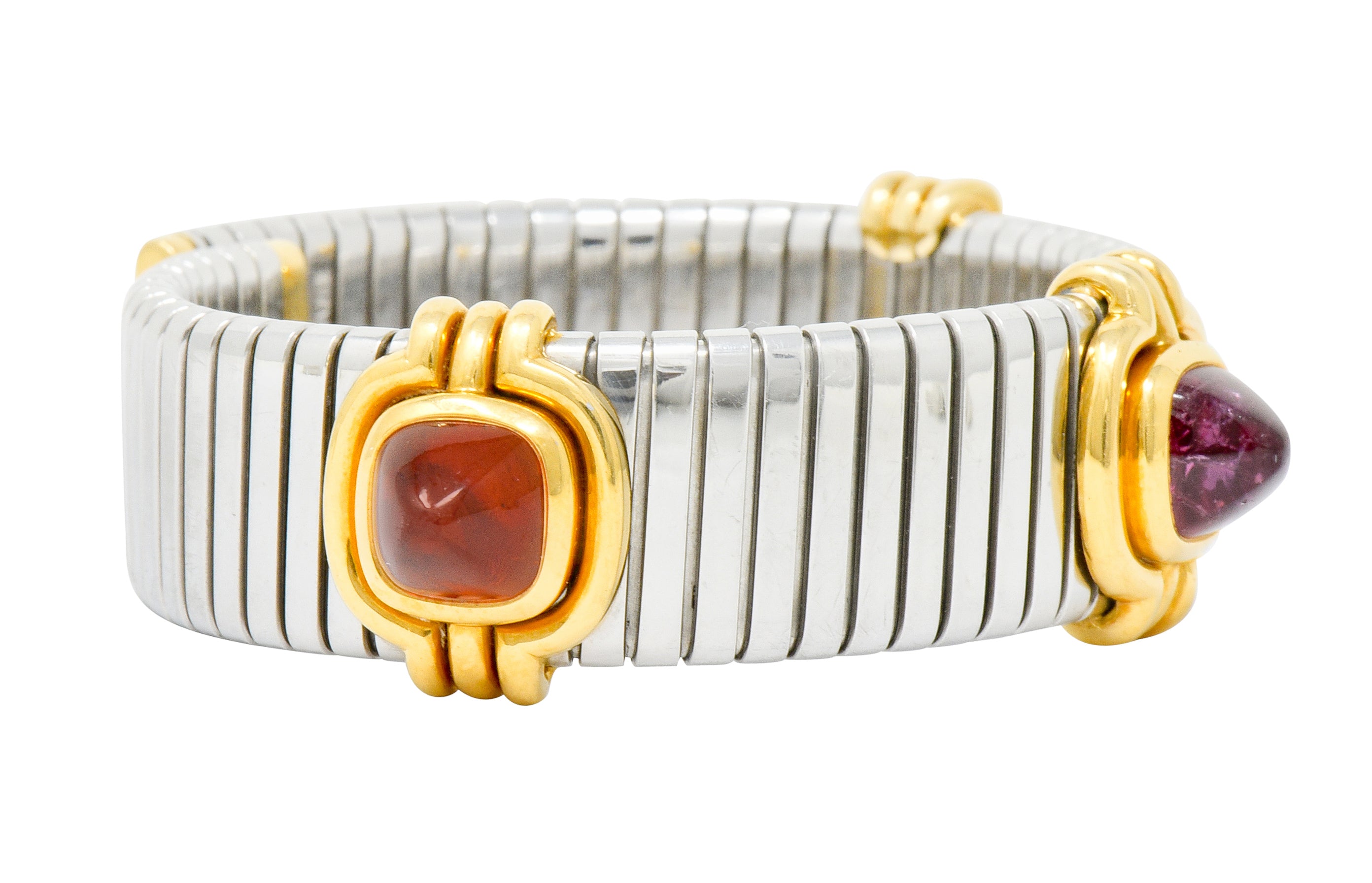 Bulgari Vintage Citrine Peridot Tourmaline Stainless Steel 18 Karat Gold Tubogas Cuff Bracelet - Wilson's Estate Jewelry