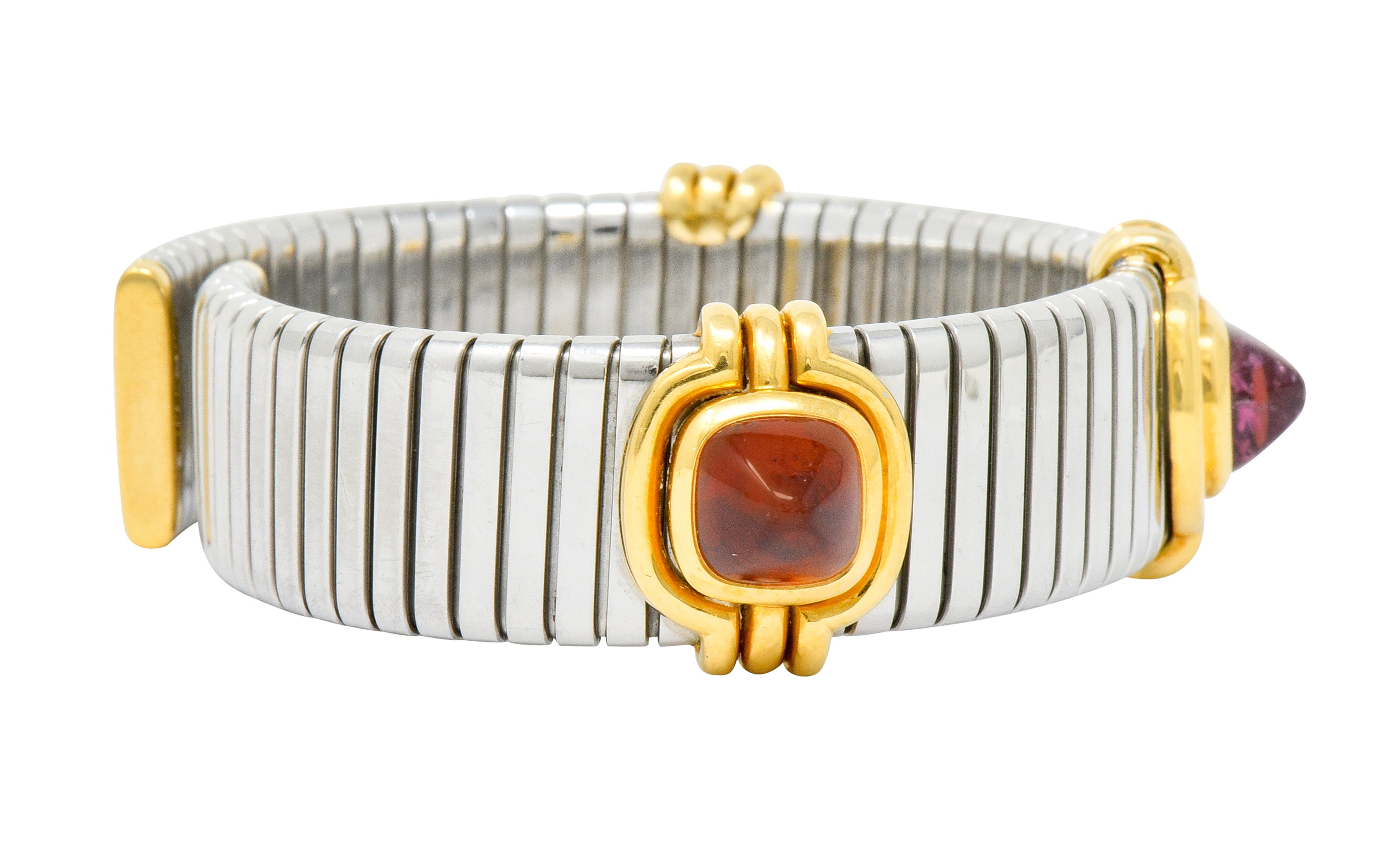 Bulgari Vintage Citrine Peridot Tourmaline Stainless Steel 18 Karat Gold Tubogas Cuff Bracelet - Wilson's Estate Jewelry