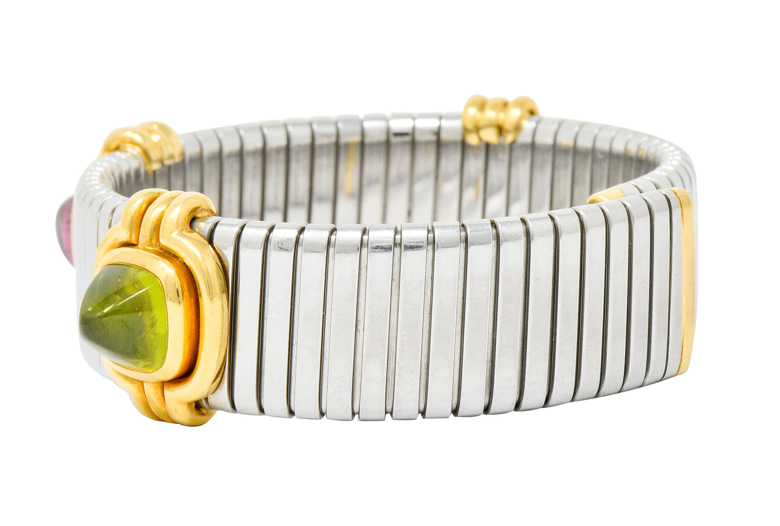 Bulgari Vintage Citrine Peridot Tourmaline Stainless Steel 18 Karat Gold Tubogas Cuff Bracelet - Wilson's Estate Jewelry