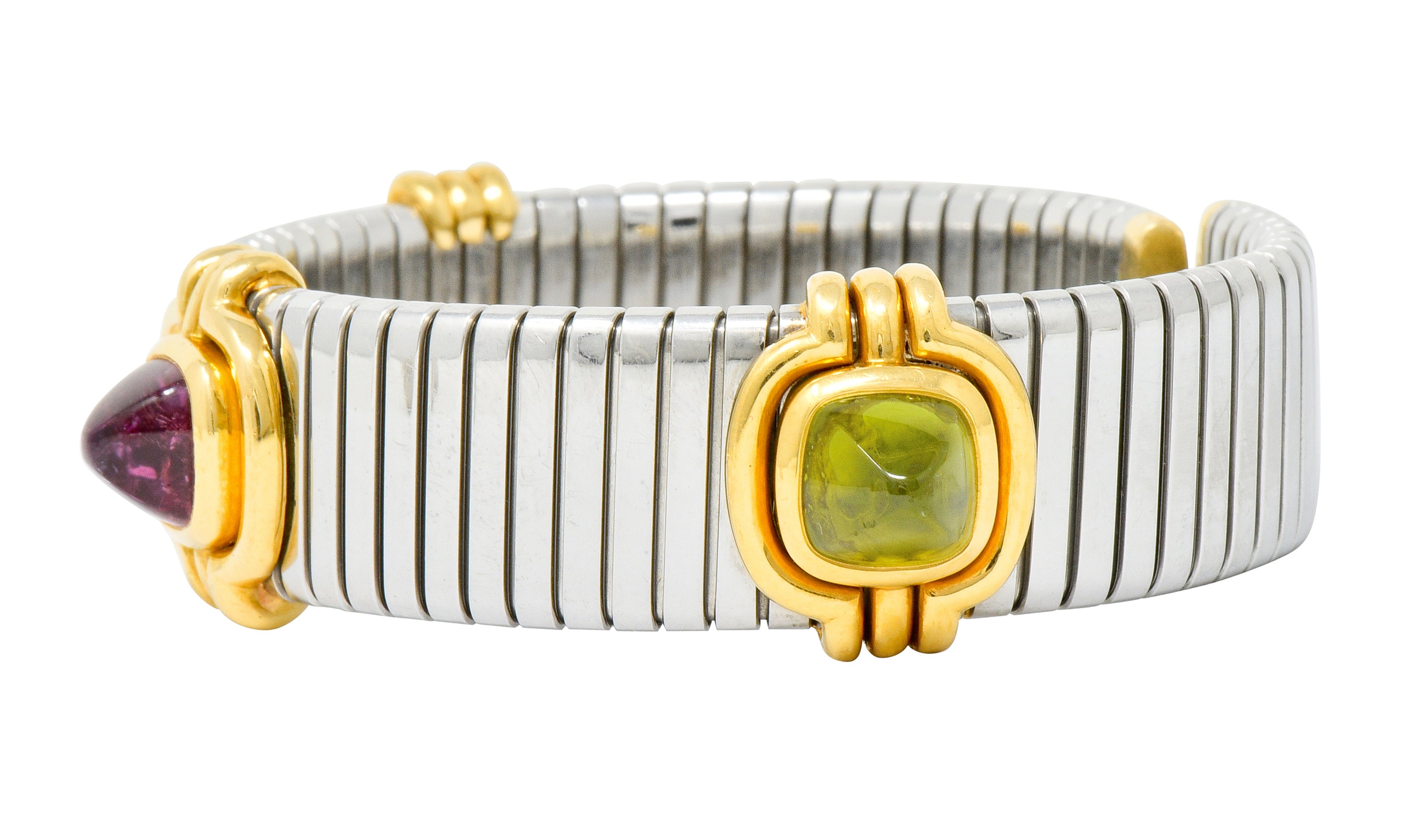 Bulgari Vintage Citrine Peridot Tourmaline Stainless Steel 18 Karat Gold Tubogas Cuff Bracelet - Wilson's Estate Jewelry