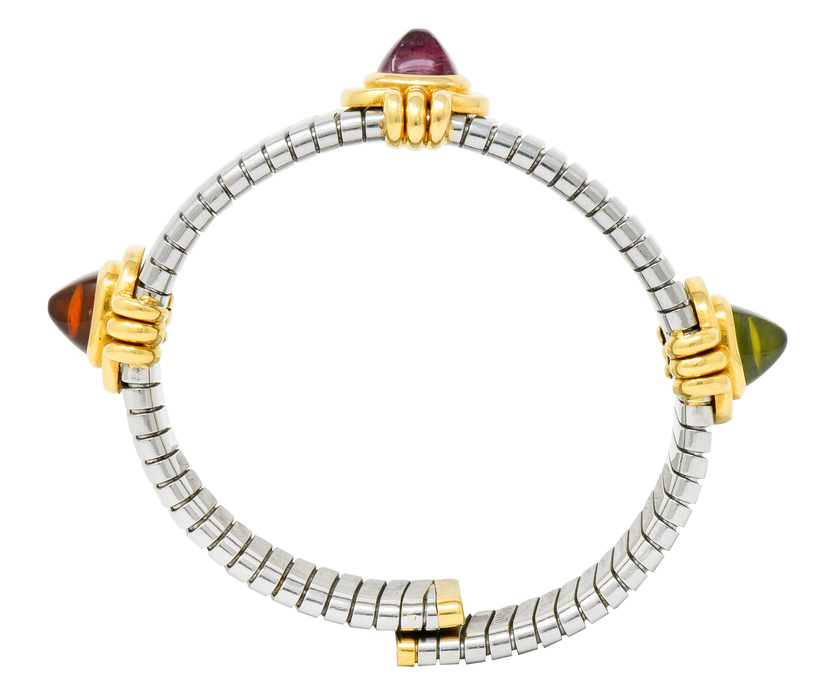 Bulgari Vintage Citrine Peridot Tourmaline Stainless Steel 18 Karat Gold Tubogas Cuff Bracelet - Wilson's Estate Jewelry