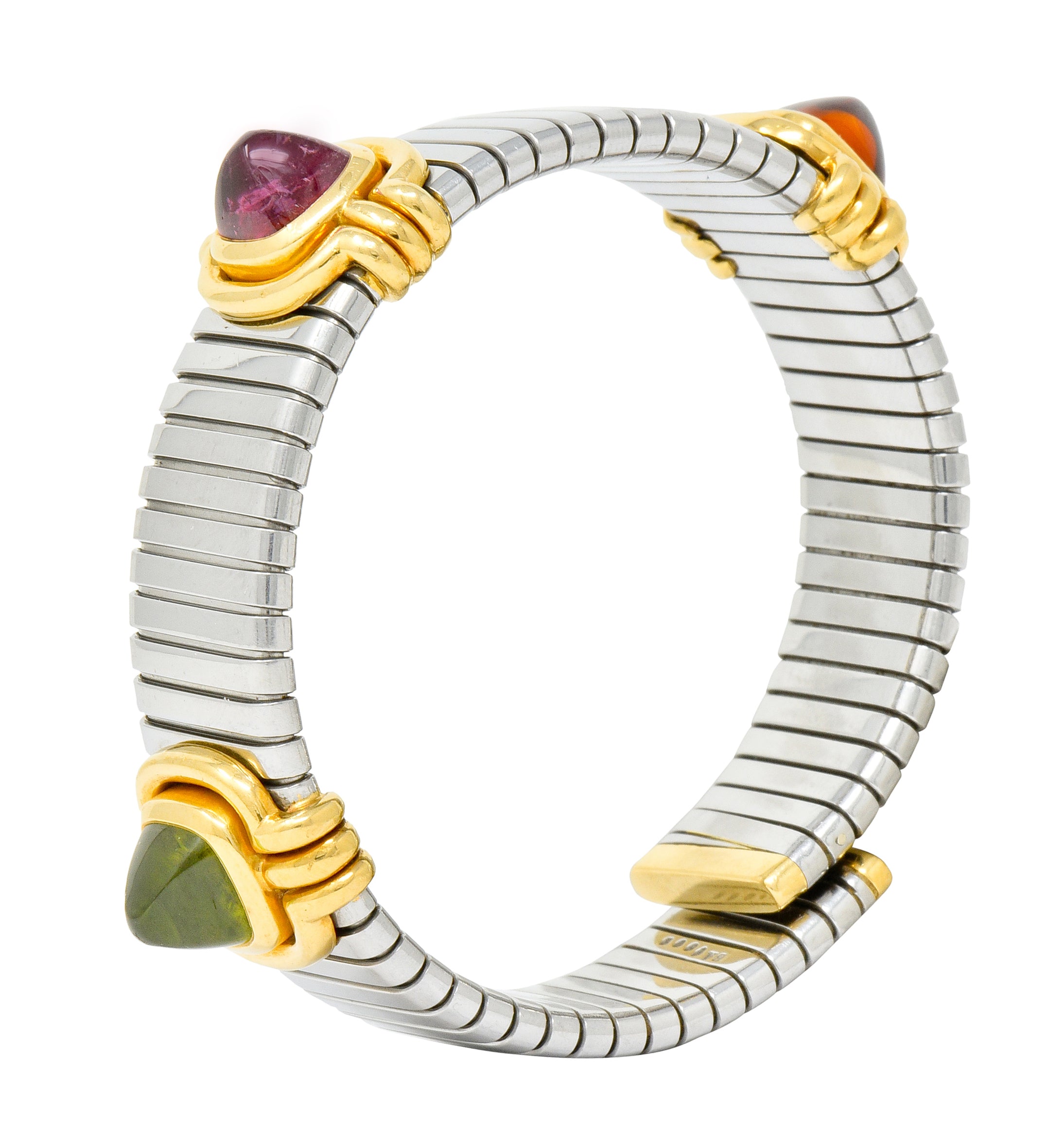 Bulgari Vintage Citrine Peridot Tourmaline Stainless Steel 18 Karat Gold Tubogas Cuff Bracelet - Wilson's Estate Jewelry