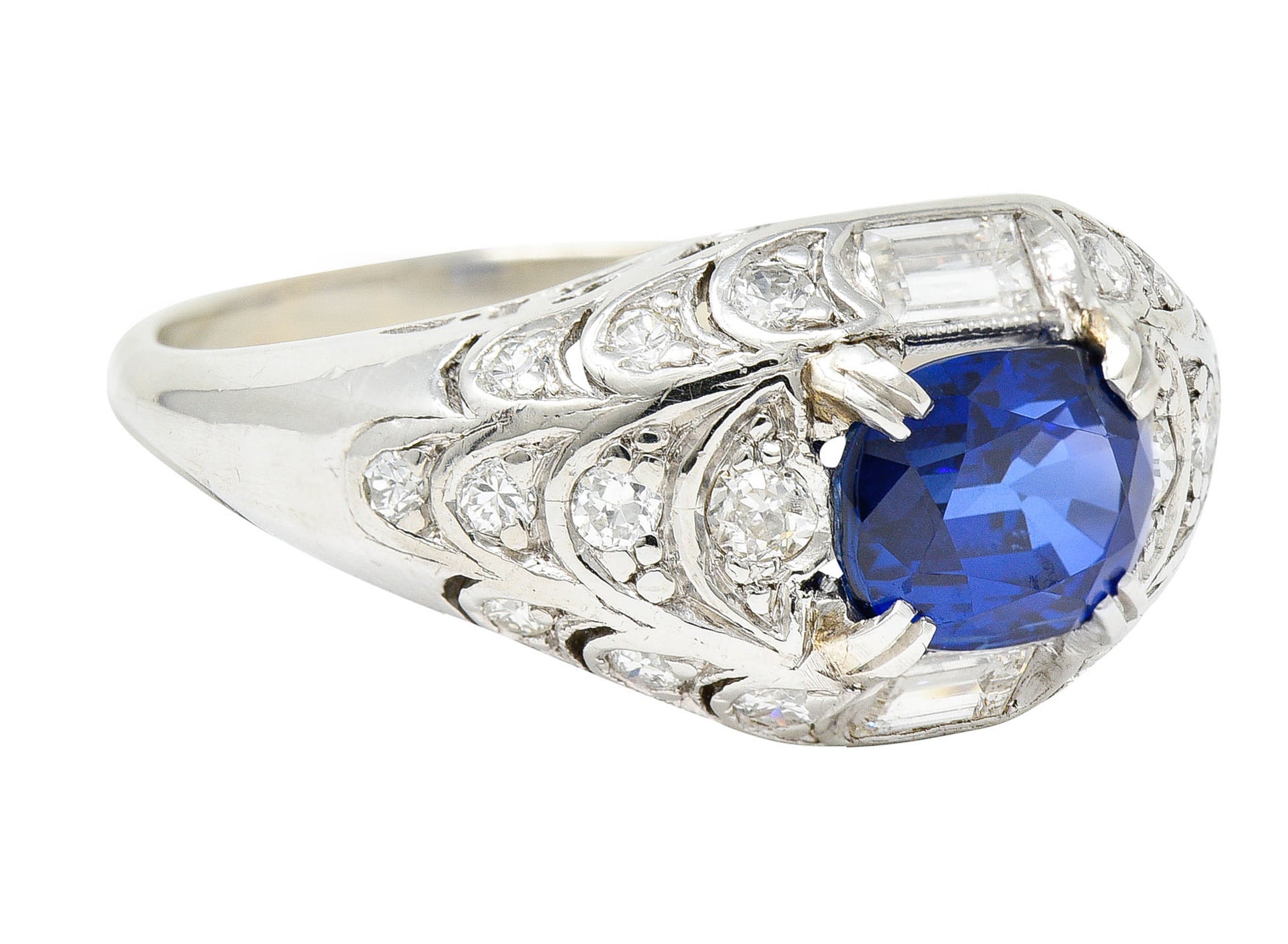 Art Deco 2.24 CTW No Heat Madagascar Sapphire Diamond Platinum Scalloped RingRing - Wilson's Estate Jewelry