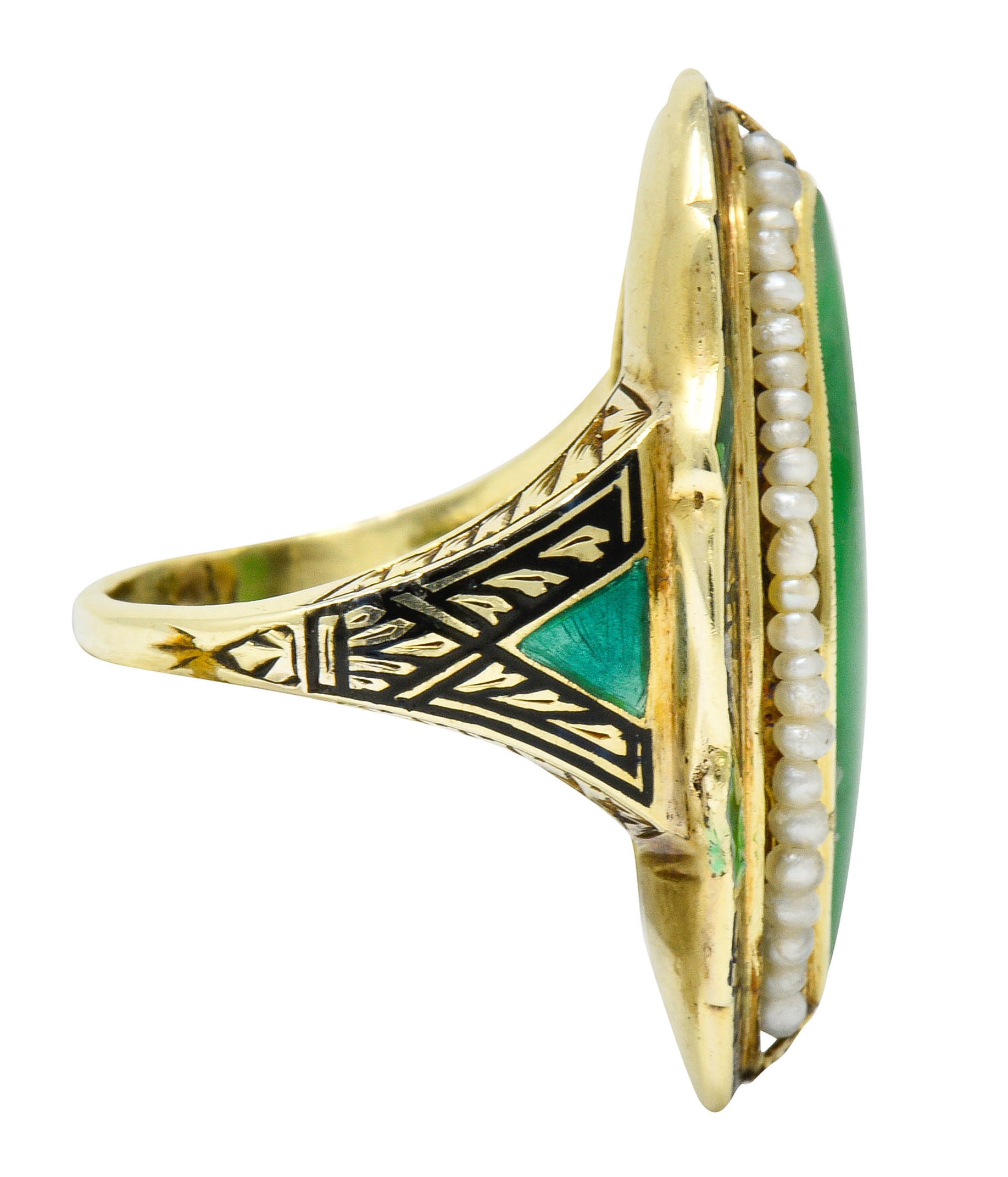 Art Deco Jade Natural Freshwater Pearl Enamel 14 Karat Gold Navette RingRing - Wilson's Estate Jewelry