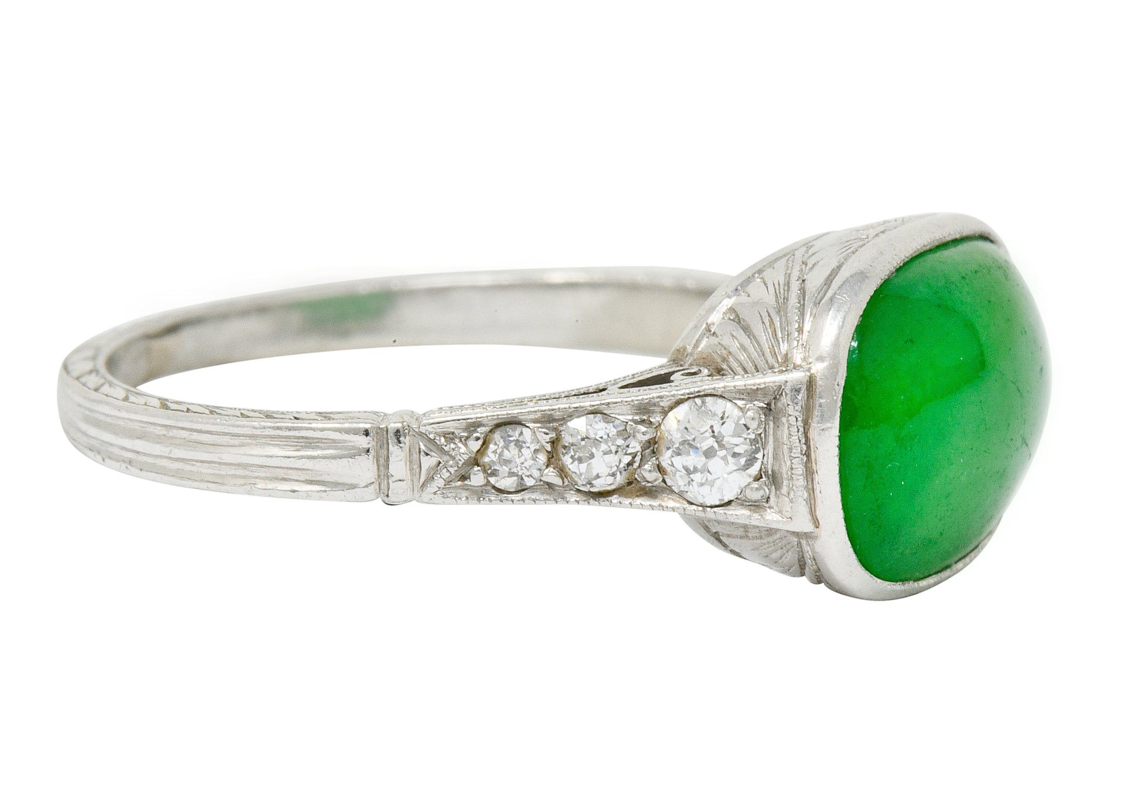 Art Deco Jadeite Jade Diamond Platinum Cabochon Ring GIA - Wilson's Estate Jewelry