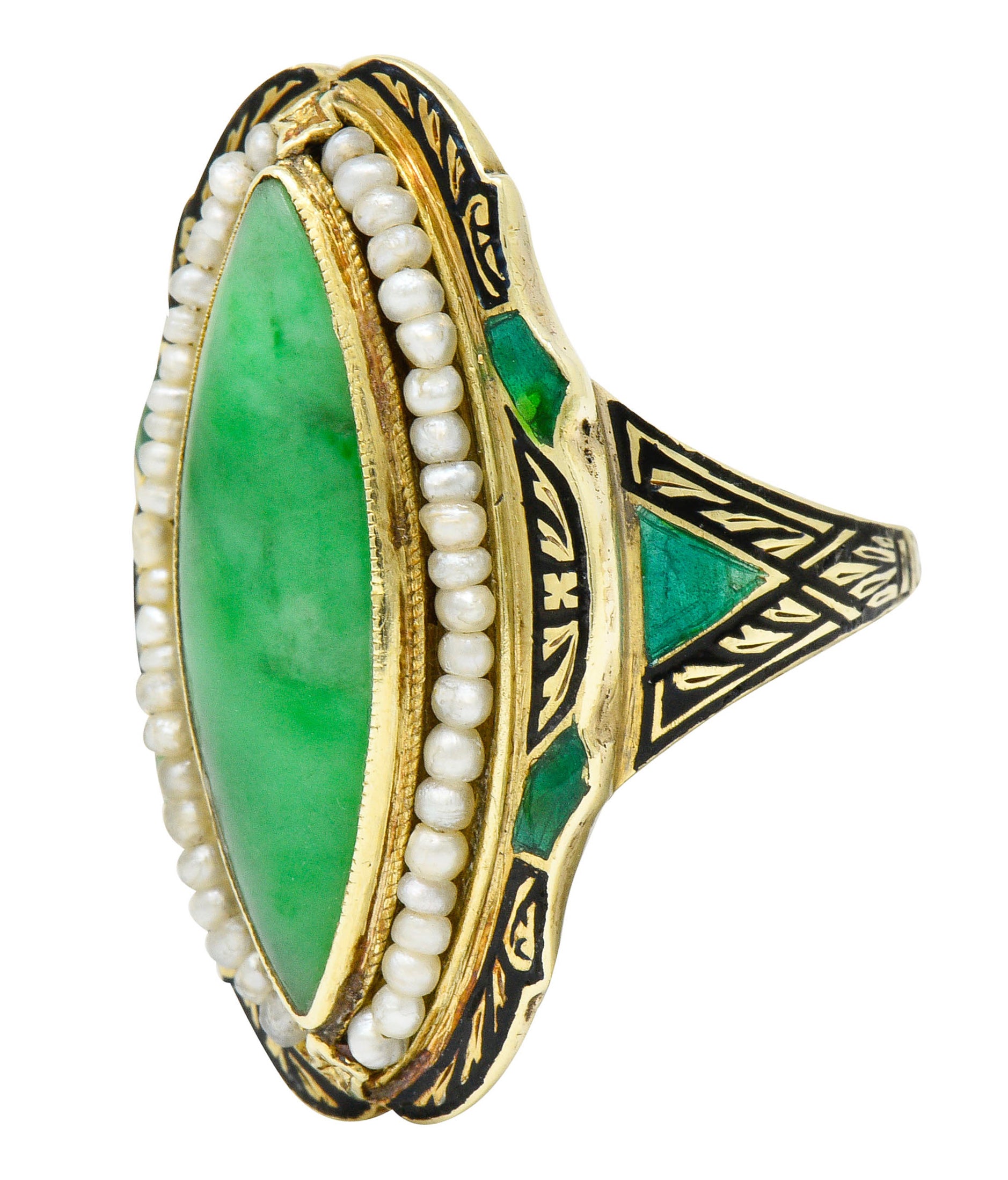 Art Deco Jade Natural Freshwater Pearl Enamel 14 Karat Gold Navette RingRing - Wilson's Estate Jewelry