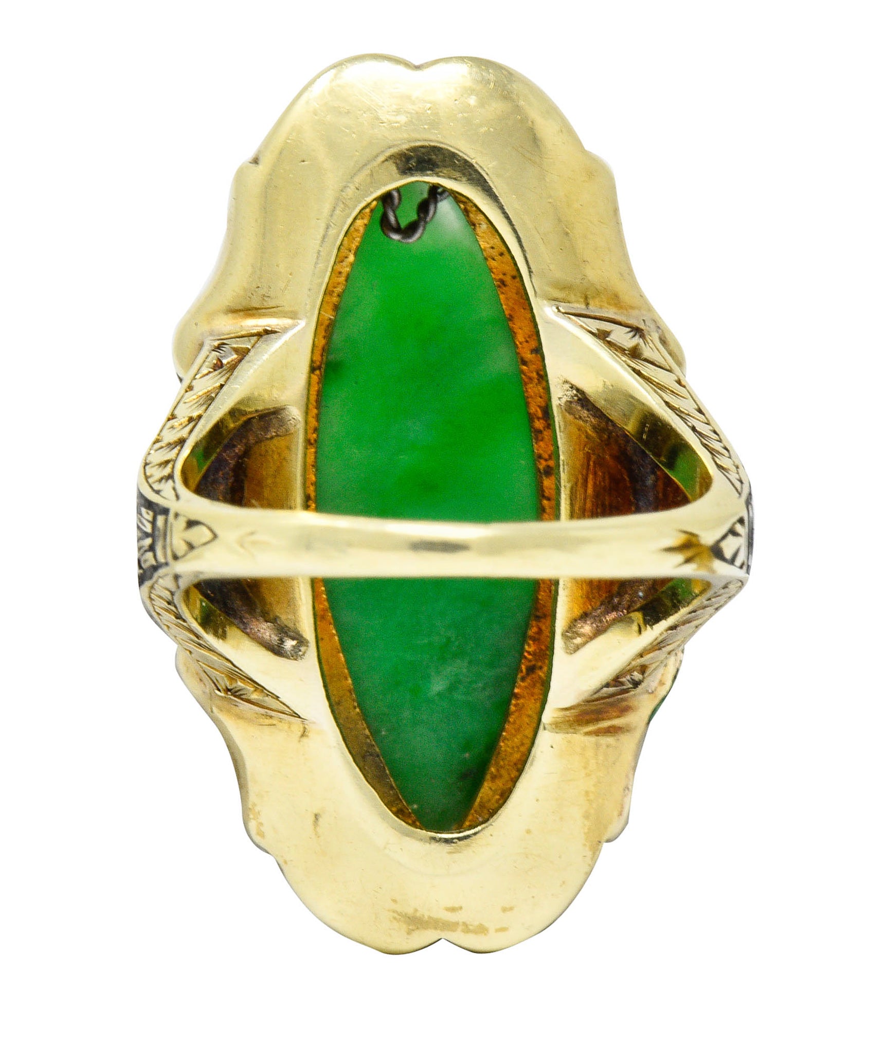 Art Deco Jade Natural Freshwater Pearl Enamel 14 Karat Gold Navette RingRing - Wilson's Estate Jewelry