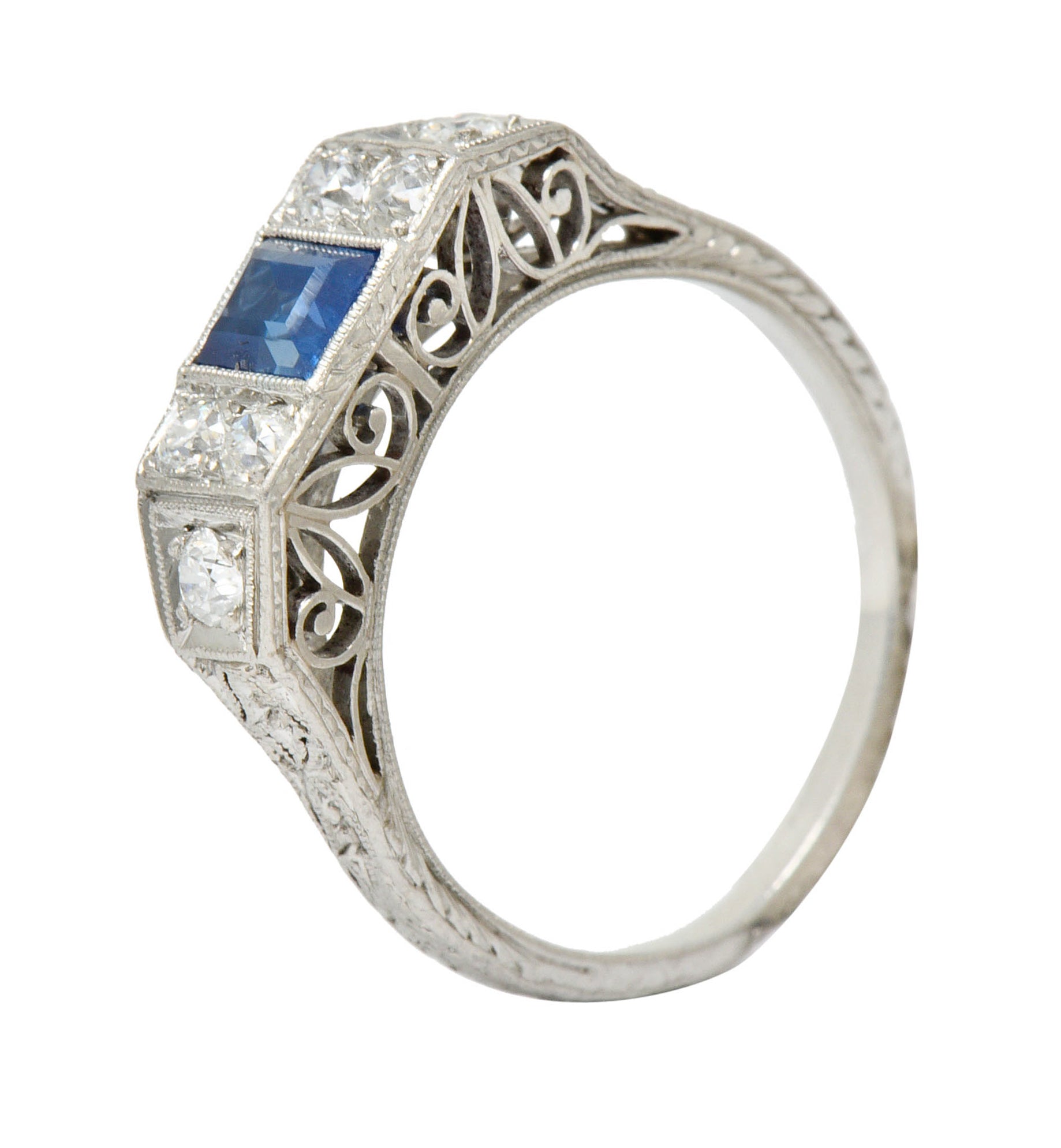 Art Deco Sapphire Diamond Platinum Filigree Band RingRing - Wilson's Estate Jewelry