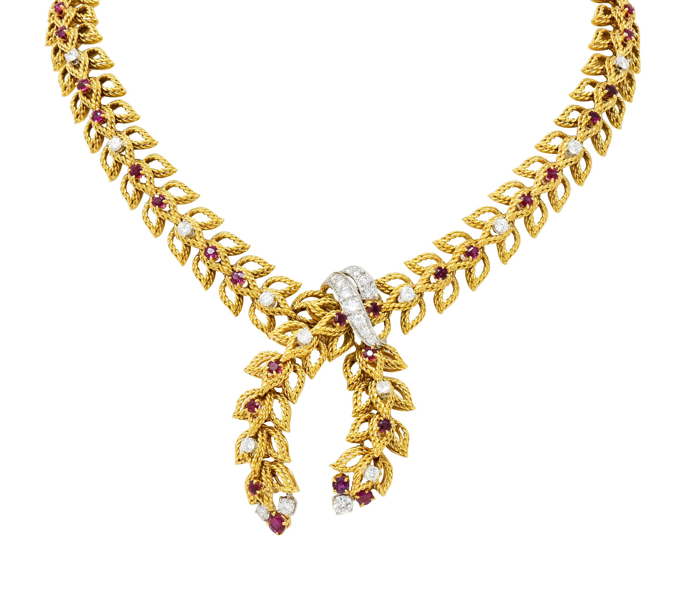 1950's Mid-Century 8.91 CTW Diamond Ruby Platinum 18 Karat Gold Foliate Link Lariat Necklace - Wilson's Estate Jewelry