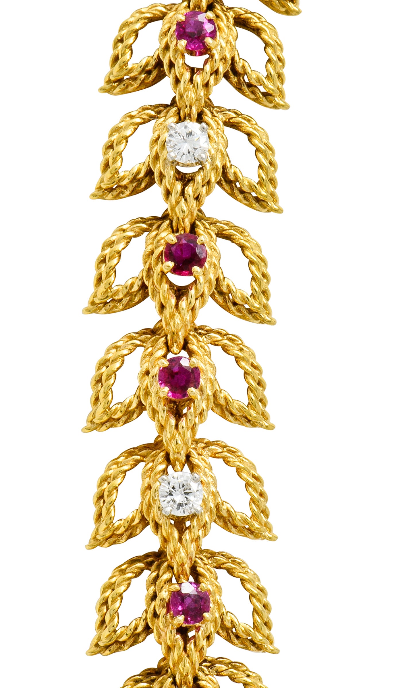 1950's Mid-Century 8.91 CTW Diamond Ruby Platinum 18 Karat Gold Foliate Link Lariat Necklace - Wilson's Estate Jewelry