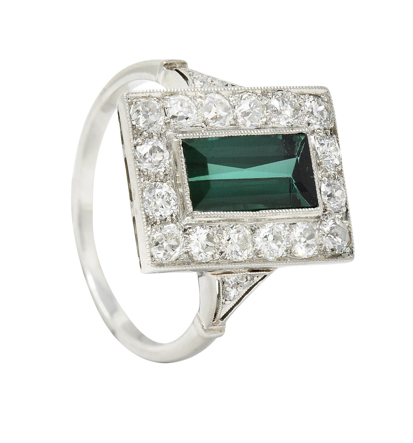 Art Deco Green Tourmaline 1.00 CTW Diamond Platinum Halo Cocktail RingRing - Wilson's Estate Jewelry