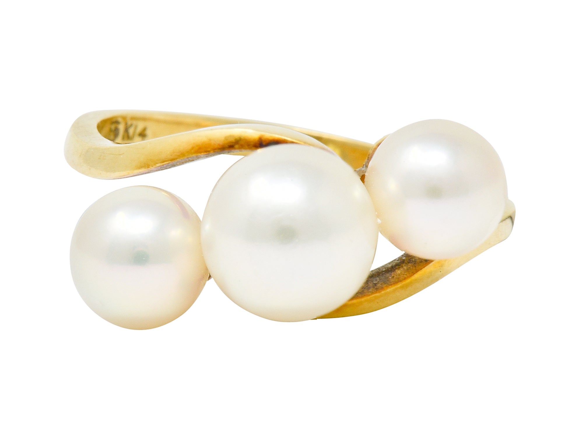 Mikimoto Vintage Cultured Pearl 14 Karat Gold Three Stone Ring - Wilson's Estate Jewelry