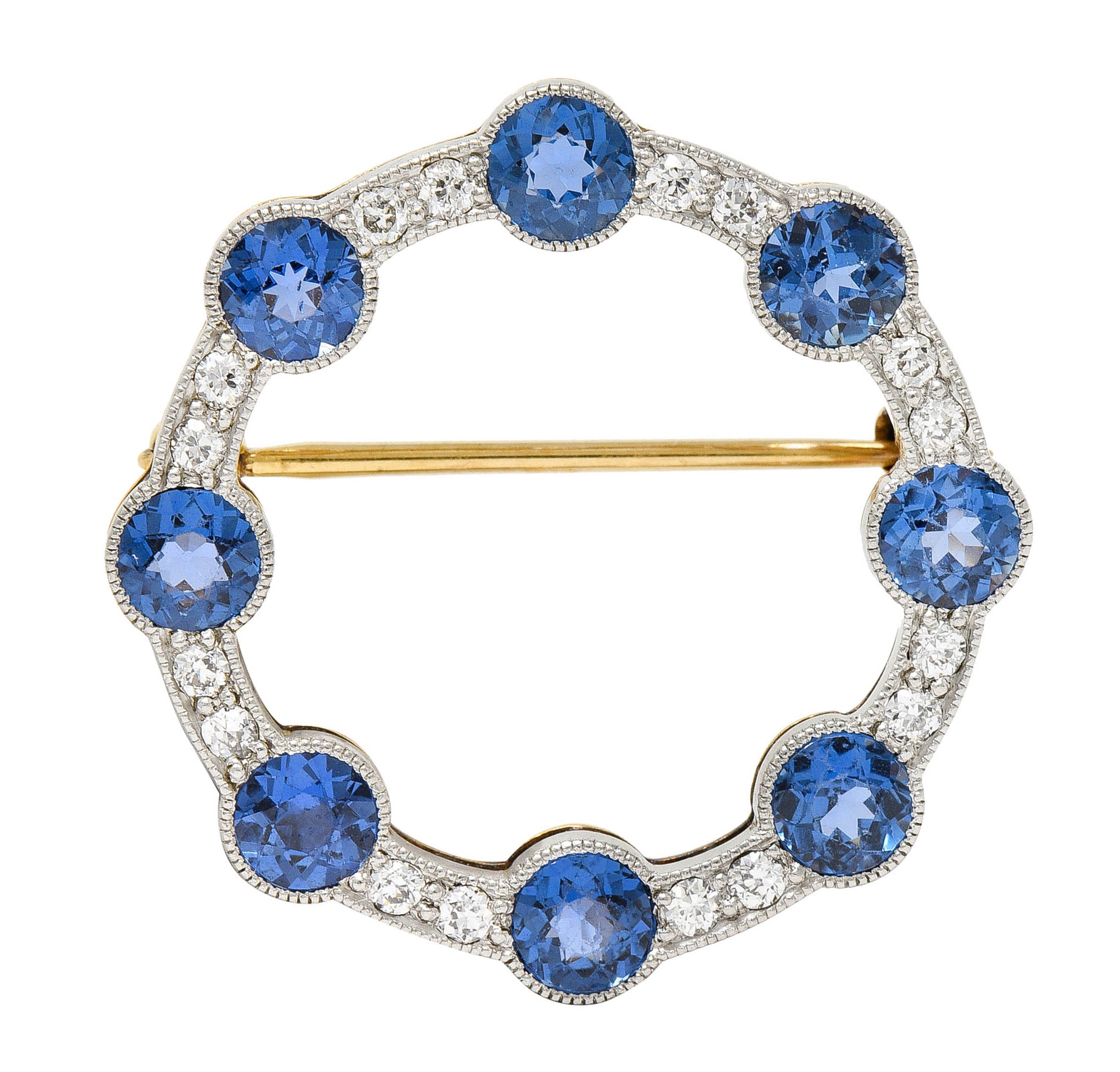 Edwardian 2.75 CTW Sapphire Diamond Platinum-Topped 14 Karat Gold Circular BroochBrooch - Wilson's Estate Jewelry