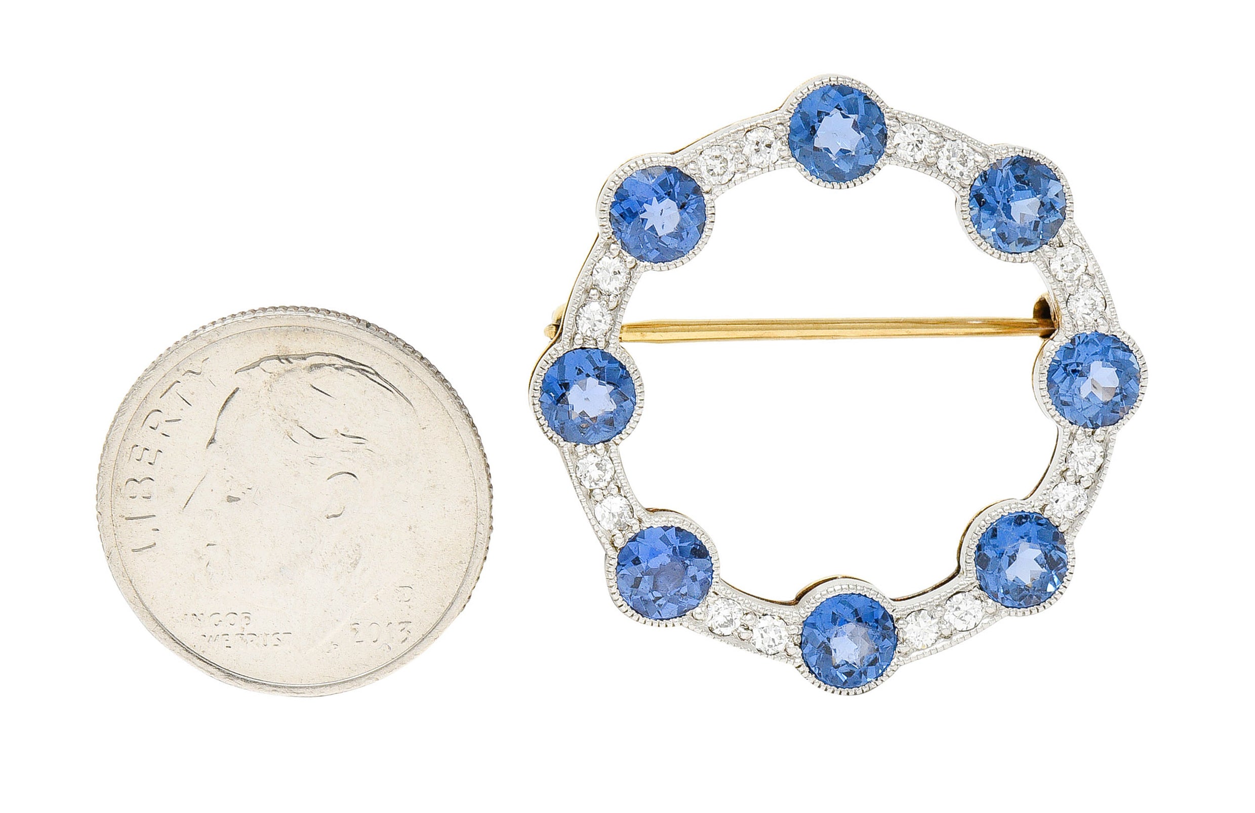 Edwardian 2.75 CTW Sapphire Diamond Platinum-Topped 14 Karat Gold Circular BroochBrooch - Wilson's Estate Jewelry