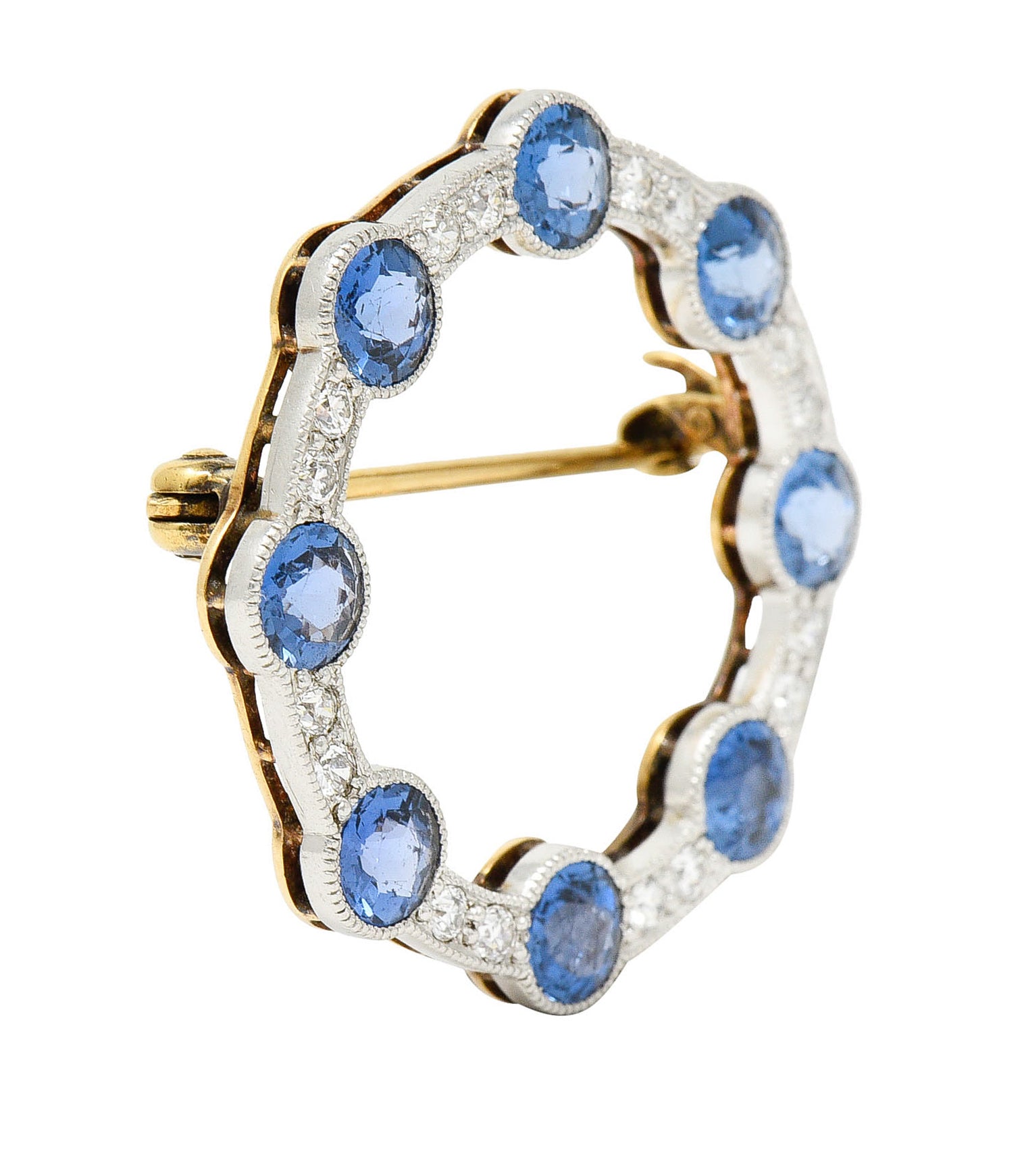 Edwardian 2.75 CTW Sapphire Diamond Platinum-Topped 14 Karat Gold Circular BroochBrooch - Wilson's Estate Jewelry