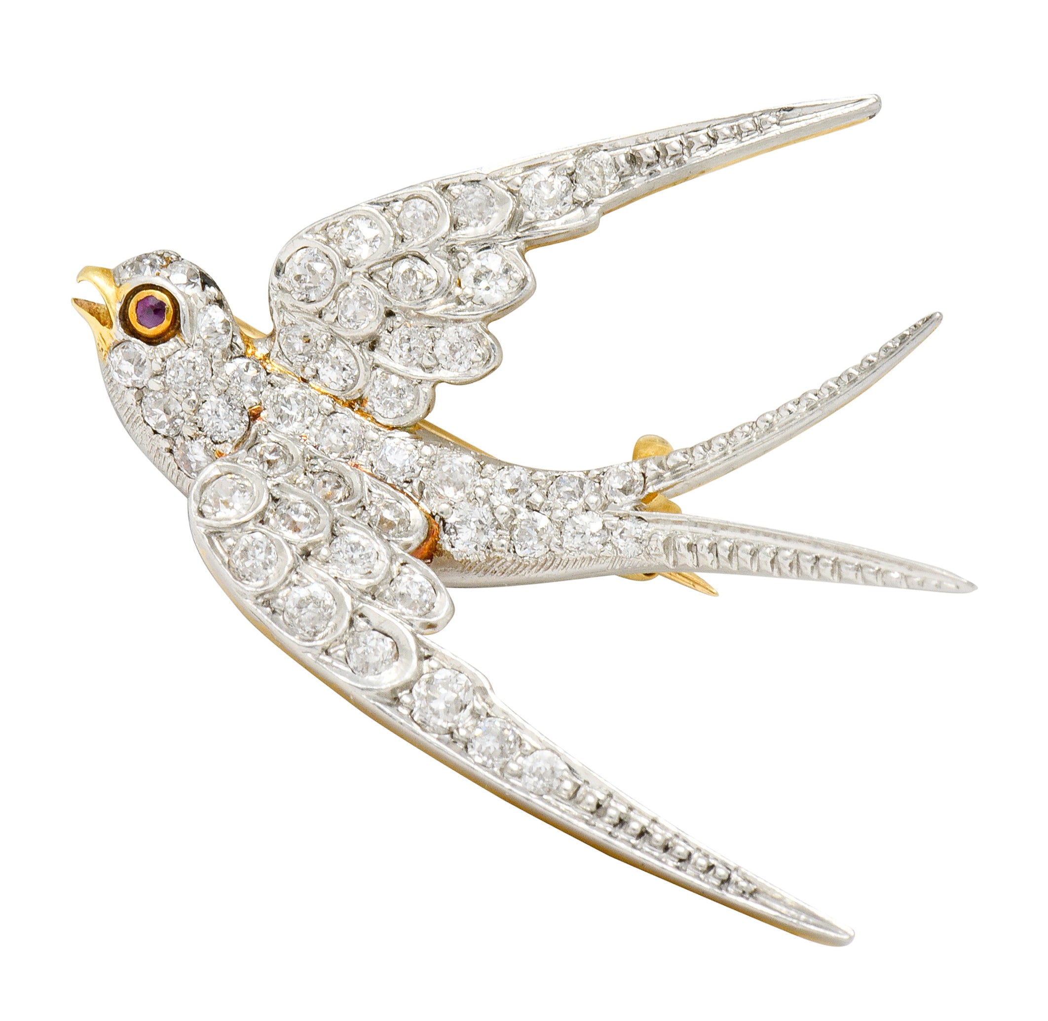 Edwardian 1.06 CTW Pave Diamond Platinum-Topped 18 Karat Gold Swallow Bird Brooch - Wilson's Estate Jewelry