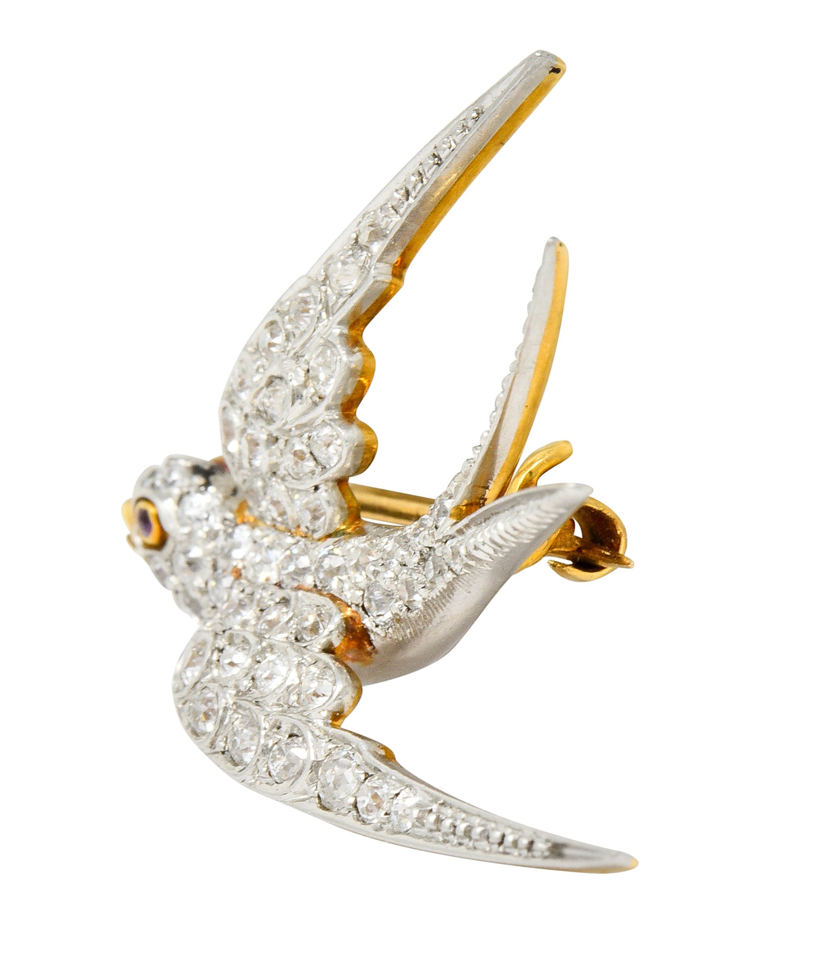 Edwardian 1.06 CTW Pave Diamond Platinum-Topped 18 Karat Gold Swallow Bird Brooch - Wilson's Estate Jewelry