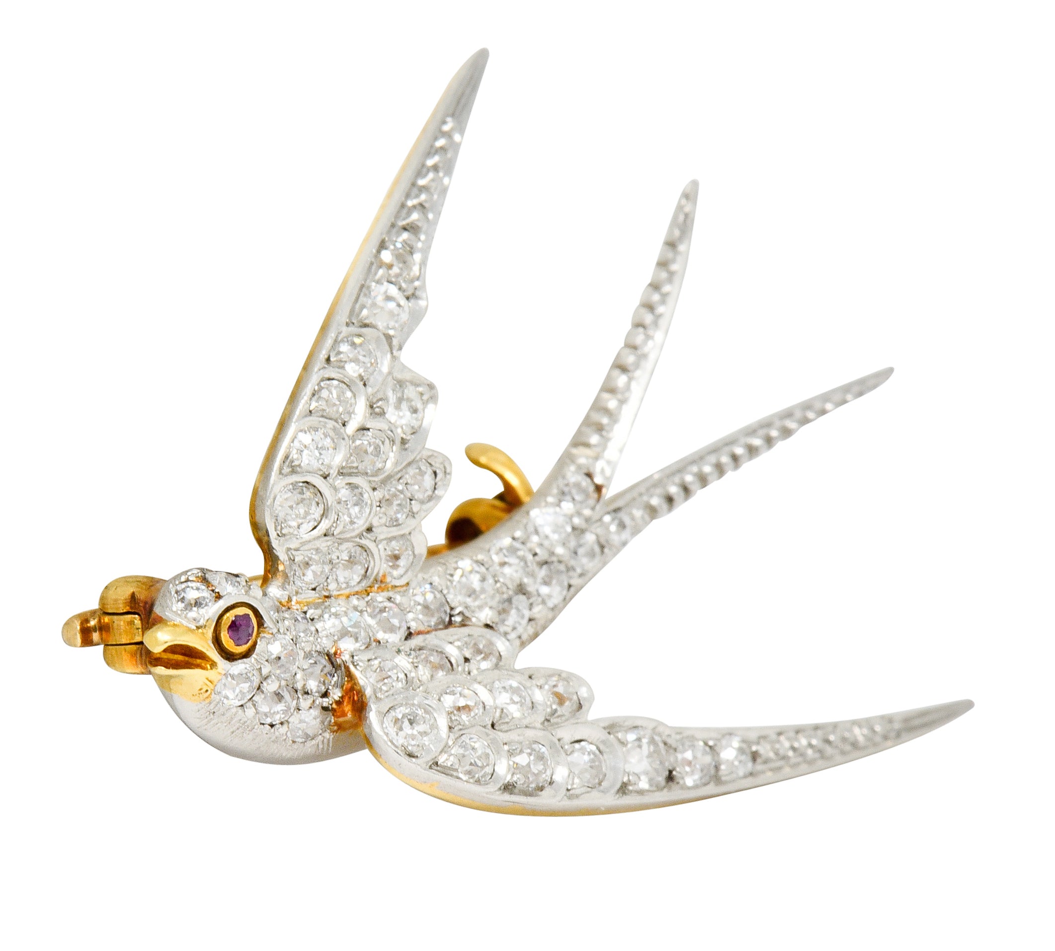 Edwardian 1.06 CTW Pave Diamond Platinum-Topped 18 Karat Gold Swallow Bird Brooch - Wilson's Estate Jewelry