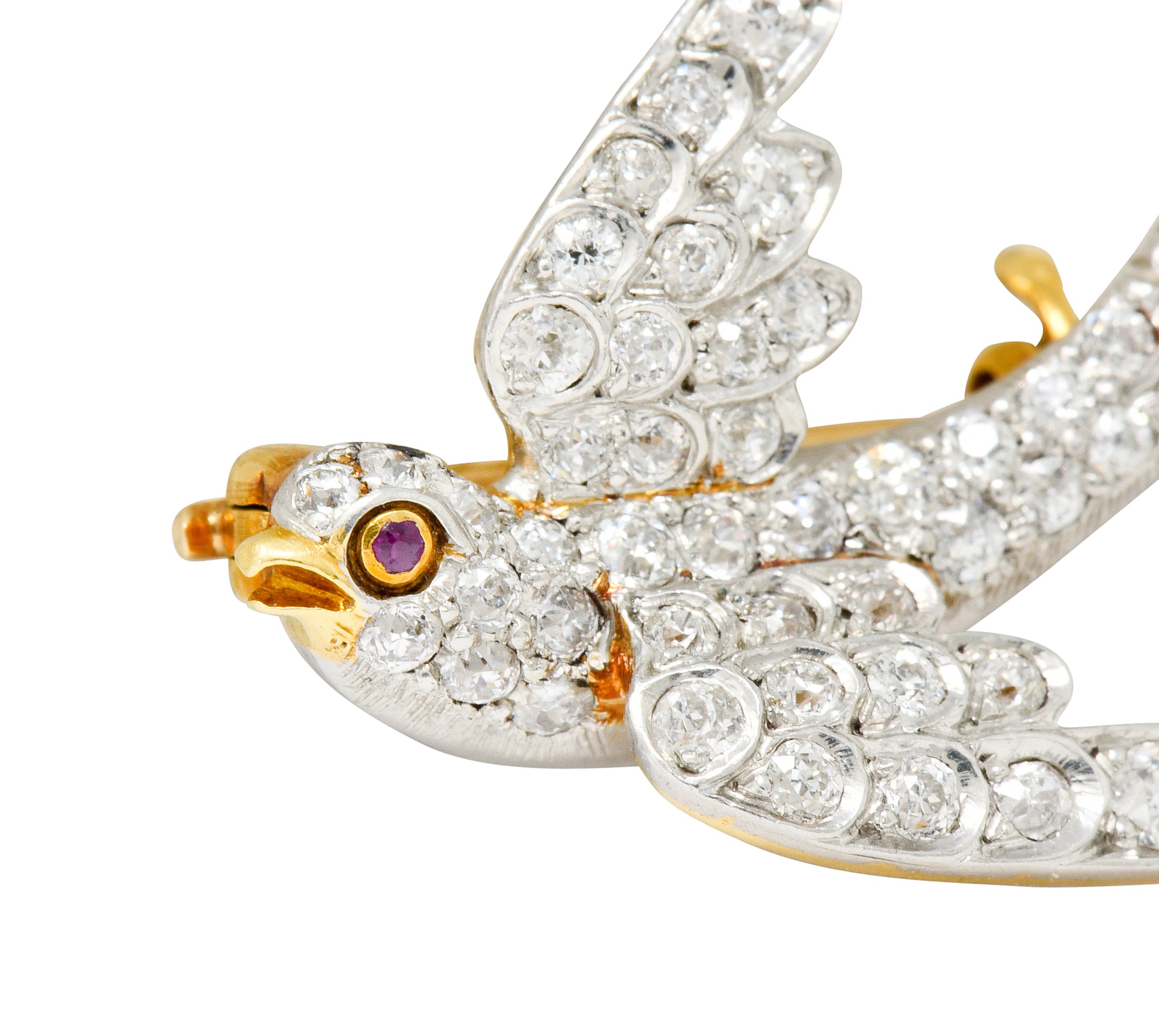 Edwardian 1.06 CTW Pave Diamond Platinum-Topped 18 Karat Gold Swallow Bird Brooch - Wilson's Estate Jewelry