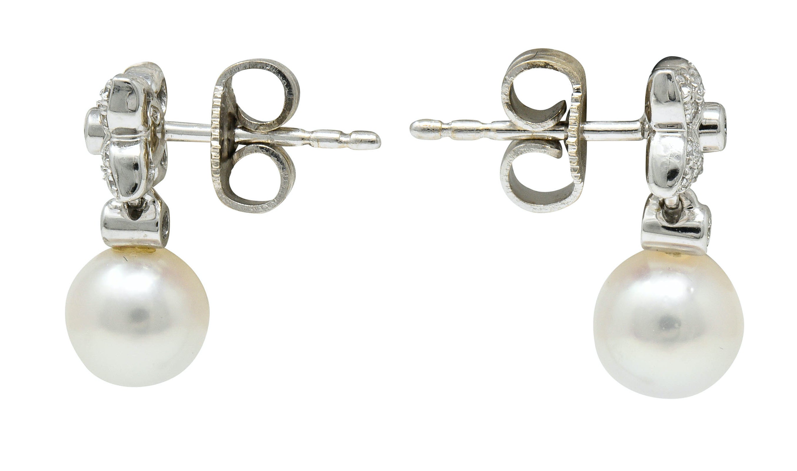 Mikimoto Cultured Pearl Diamond 18 Karat White Gold Floral Drop Earrings ContemporaryEarrings - Wilson's Estate Jewelry