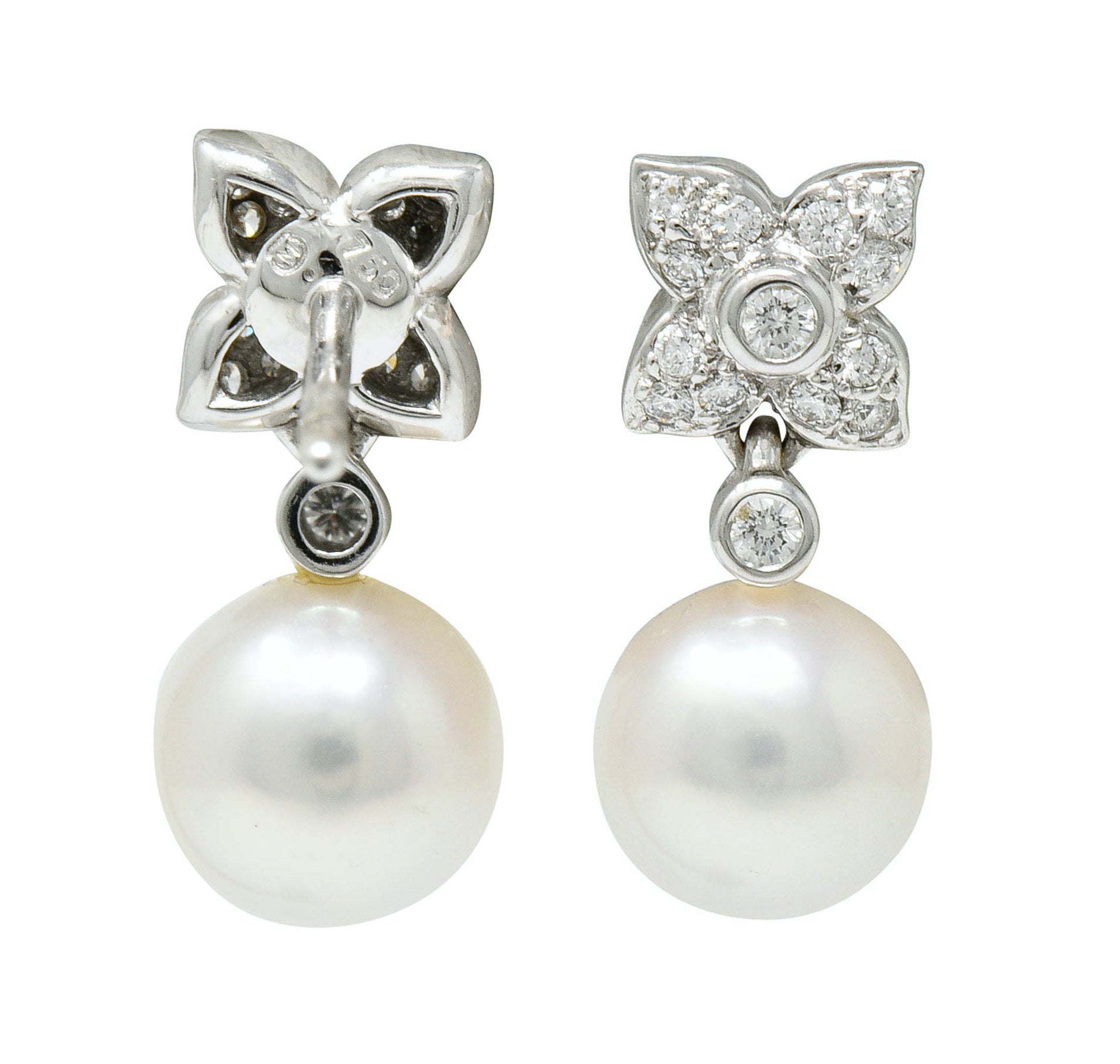 Mikimoto Cultured Pearl Diamond 18 Karat White Gold Floral Drop Earrings ContemporaryEarrings - Wilson's Estate Jewelry