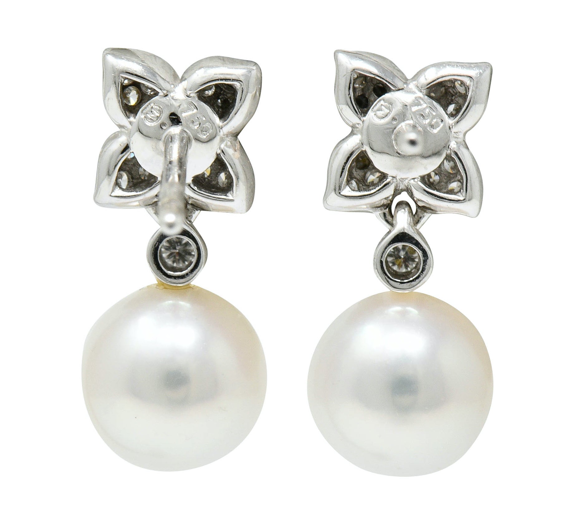 Mikimoto Cultured Pearl Diamond 18 Karat White Gold Floral Drop Earrings ContemporaryEarrings - Wilson's Estate Jewelry