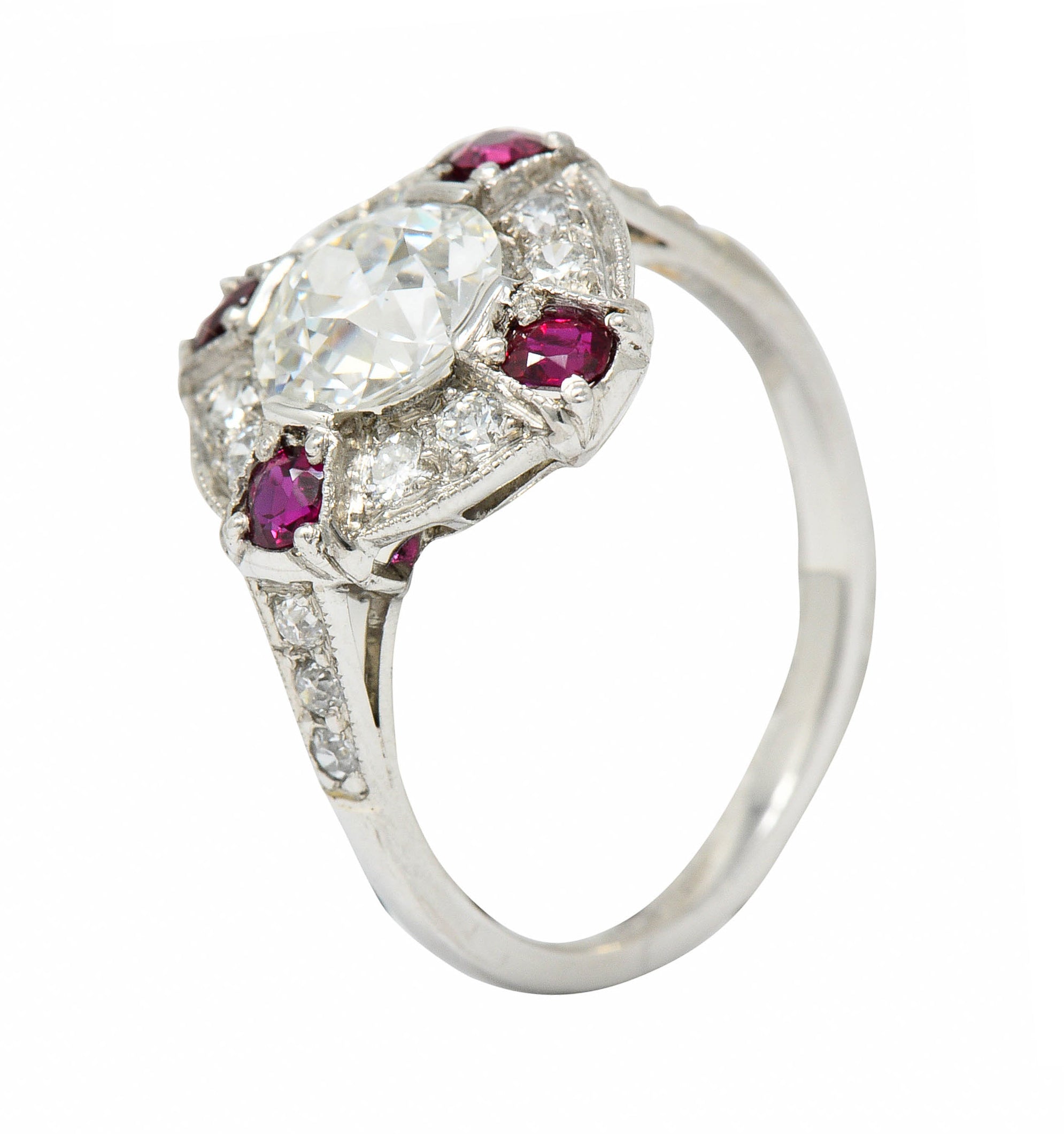 1930's Art Deco 2.32 CTW Diamond Ruby Platinum Halo Ring GIARing - Wilson's Estate Jewelry