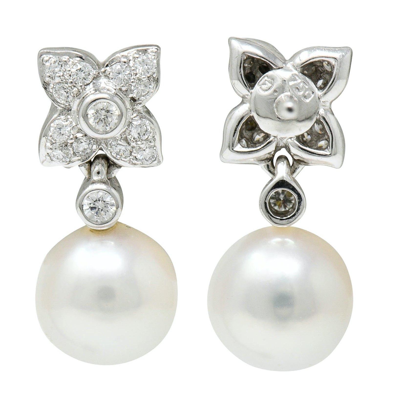 Mikimoto Cultured Pearl Diamond 18 Karat White Gold Floral Drop Earrings ContemporaryEarrings - Wilson's Estate Jewelry