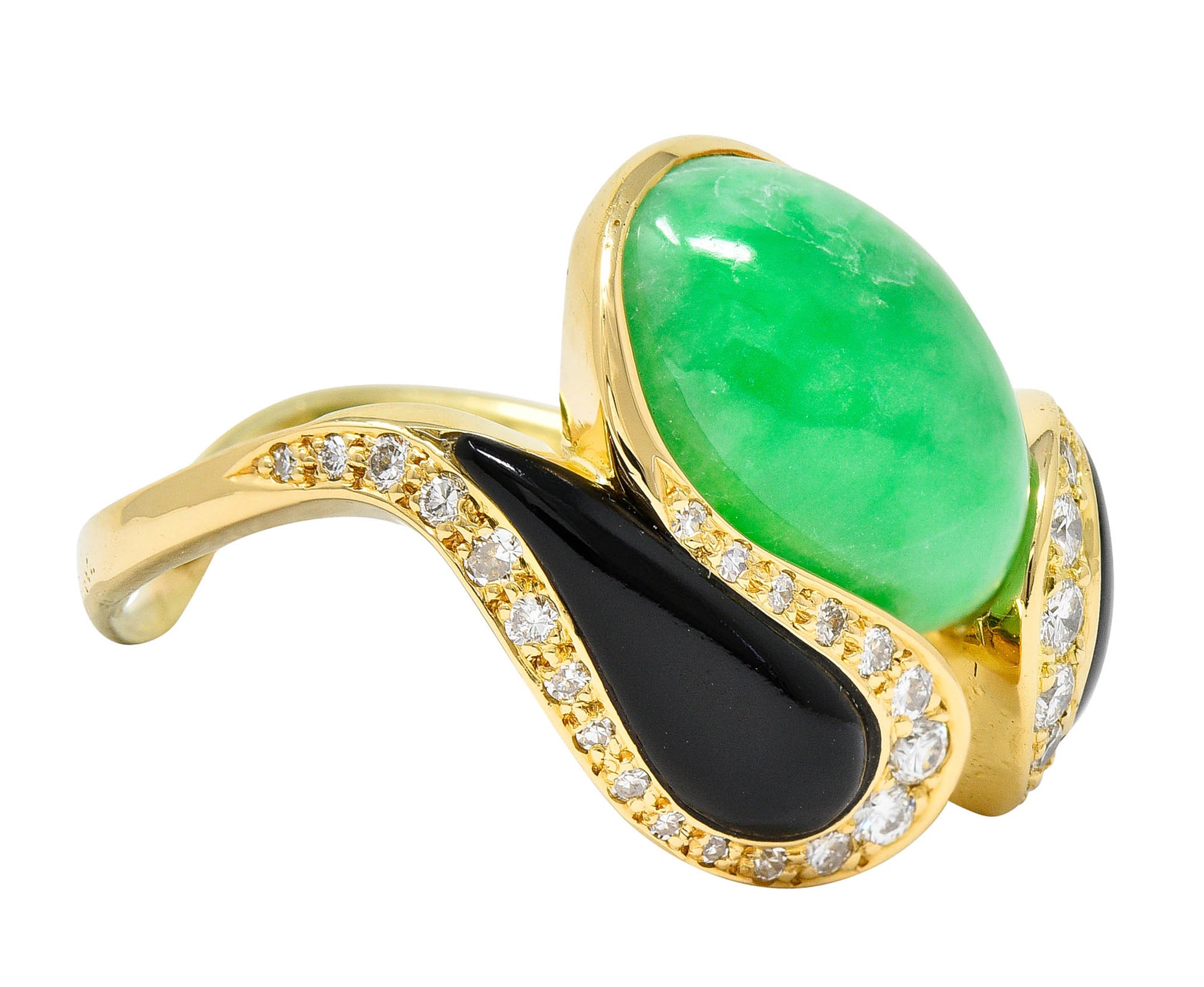 1980's Vintage Jade Onyx Diamond 18 Karat Two-Tone Gold Bypass RingRing - Wilson's Estate Jewelry