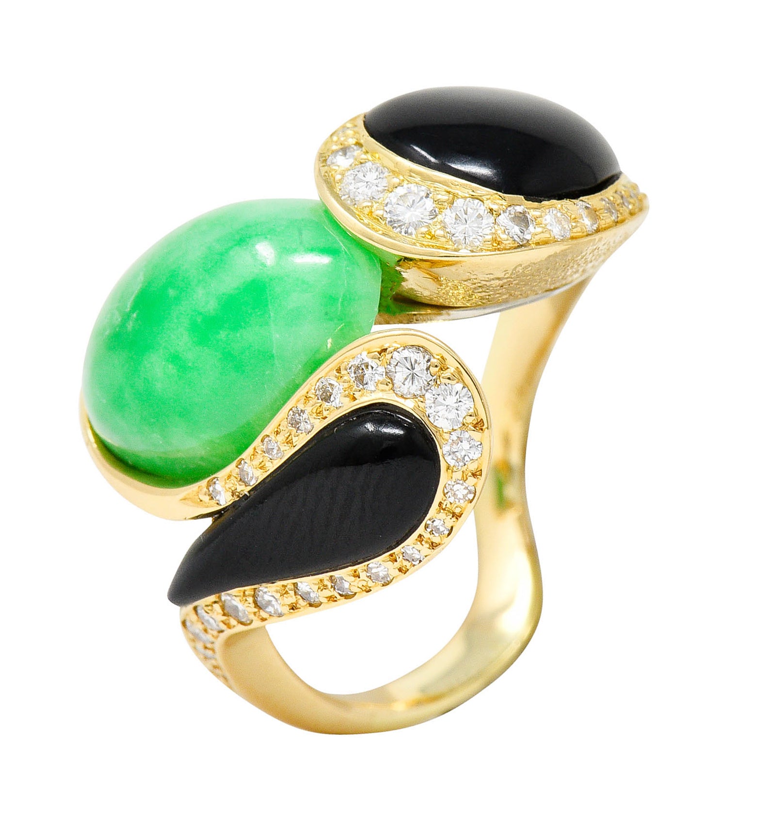 1980's Vintage Jade Onyx Diamond 18 Karat Two-Tone Gold Bypass RingRing - Wilson's Estate Jewelry