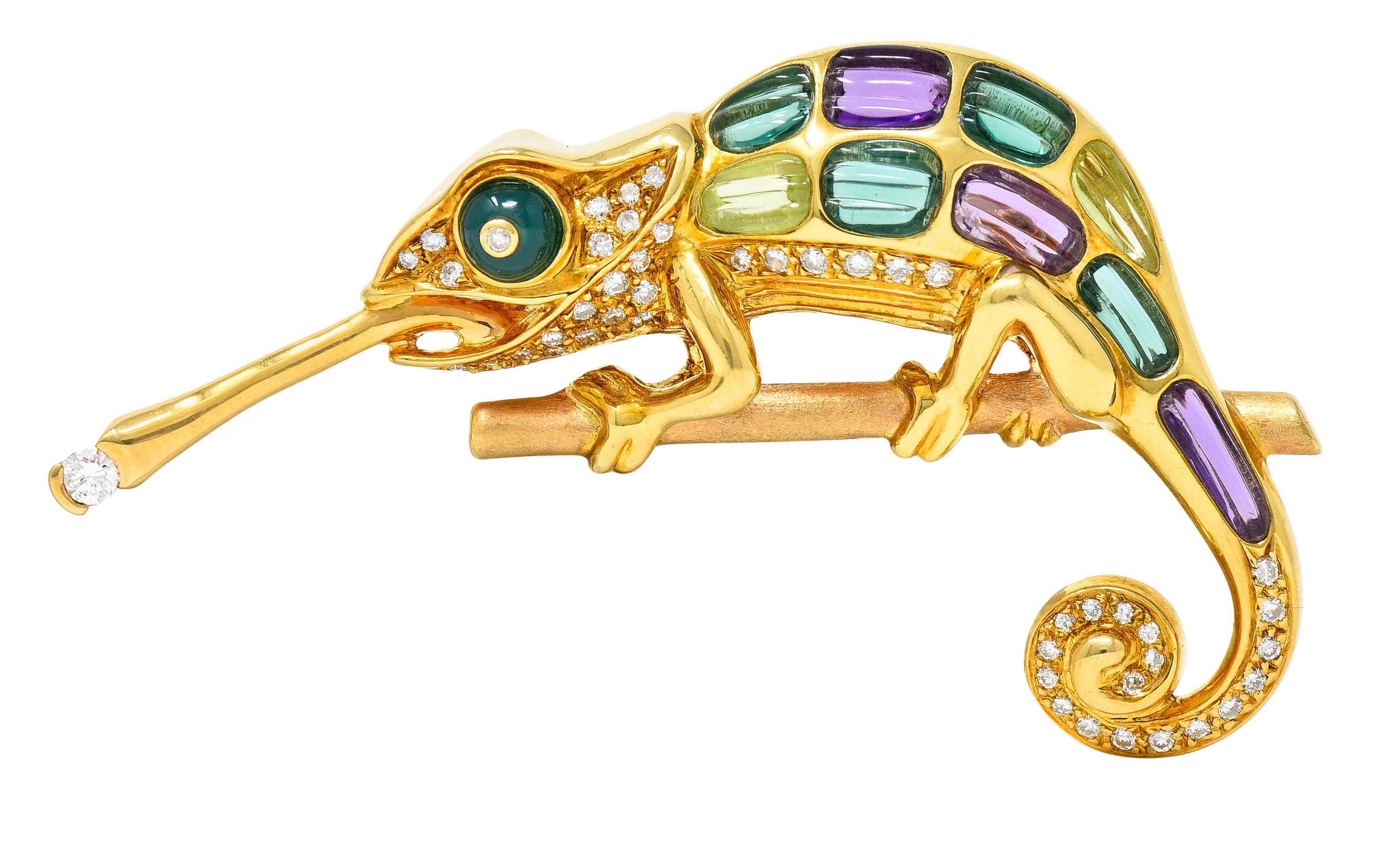 Vintage Diamond Multi-Gem 18 Karat Gold Carved Stone Chameleon BroochBrooch - Wilson's Estate Jewelry