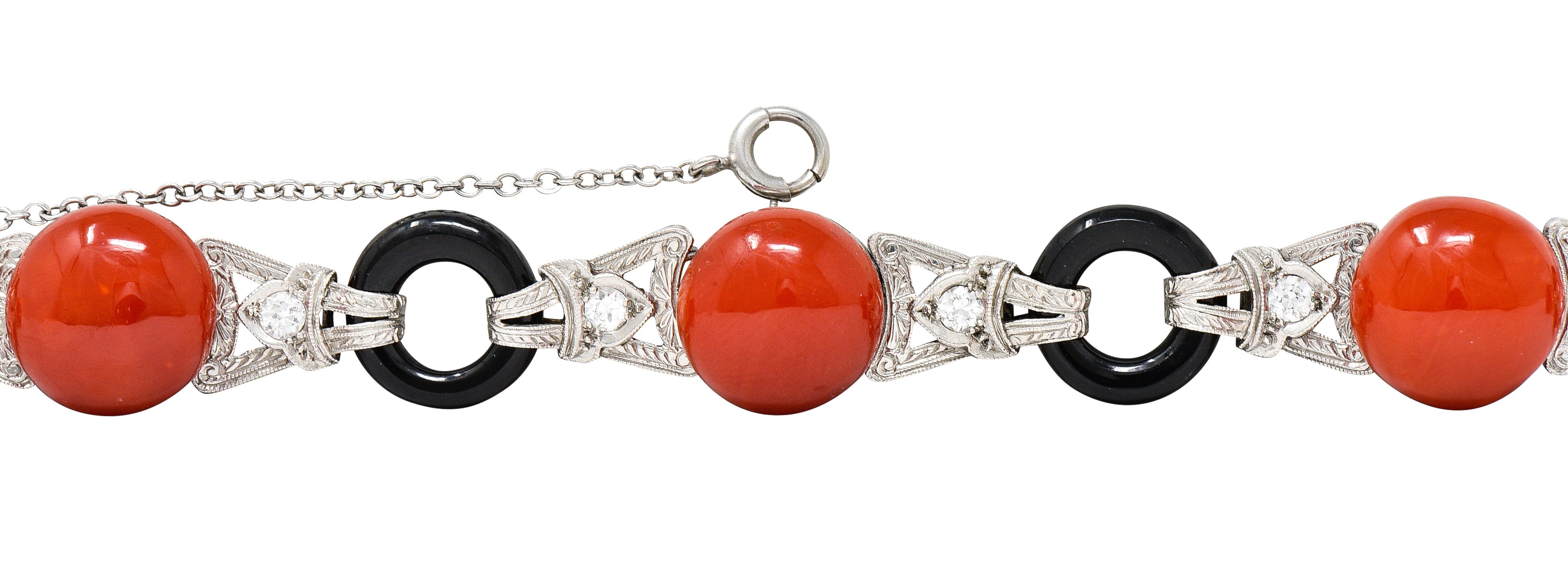 Art Deco Coral Onyx Diamond Platinum Engraved Link Gemstone Bracelet Wilson's Estate Jewelry