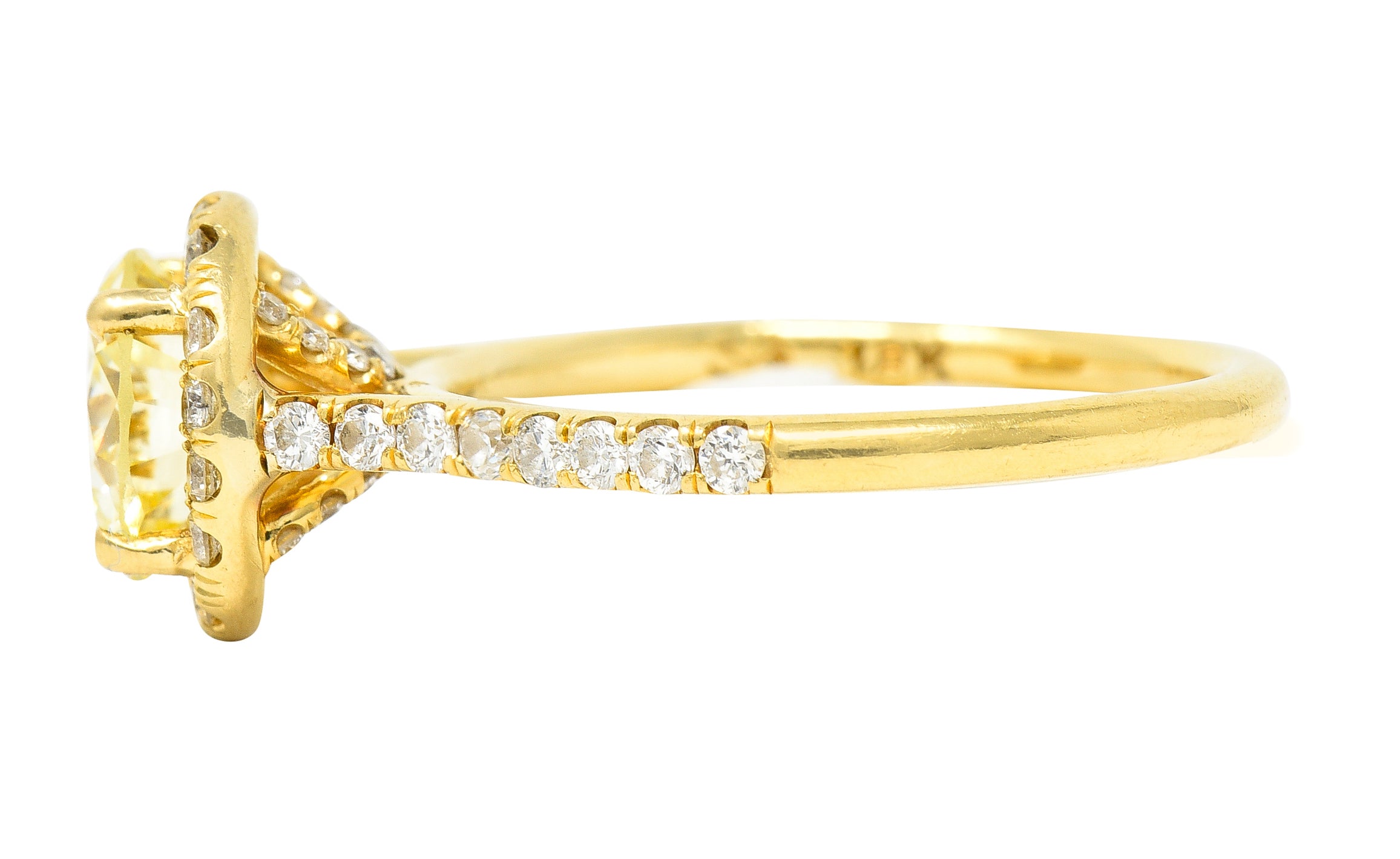 Contemporary 1.65 CTW Fancy Light Yellow Diamond 18 Karat Yellow Gold Halo Engagement Ring GIA Wilson's Estate Jewelry