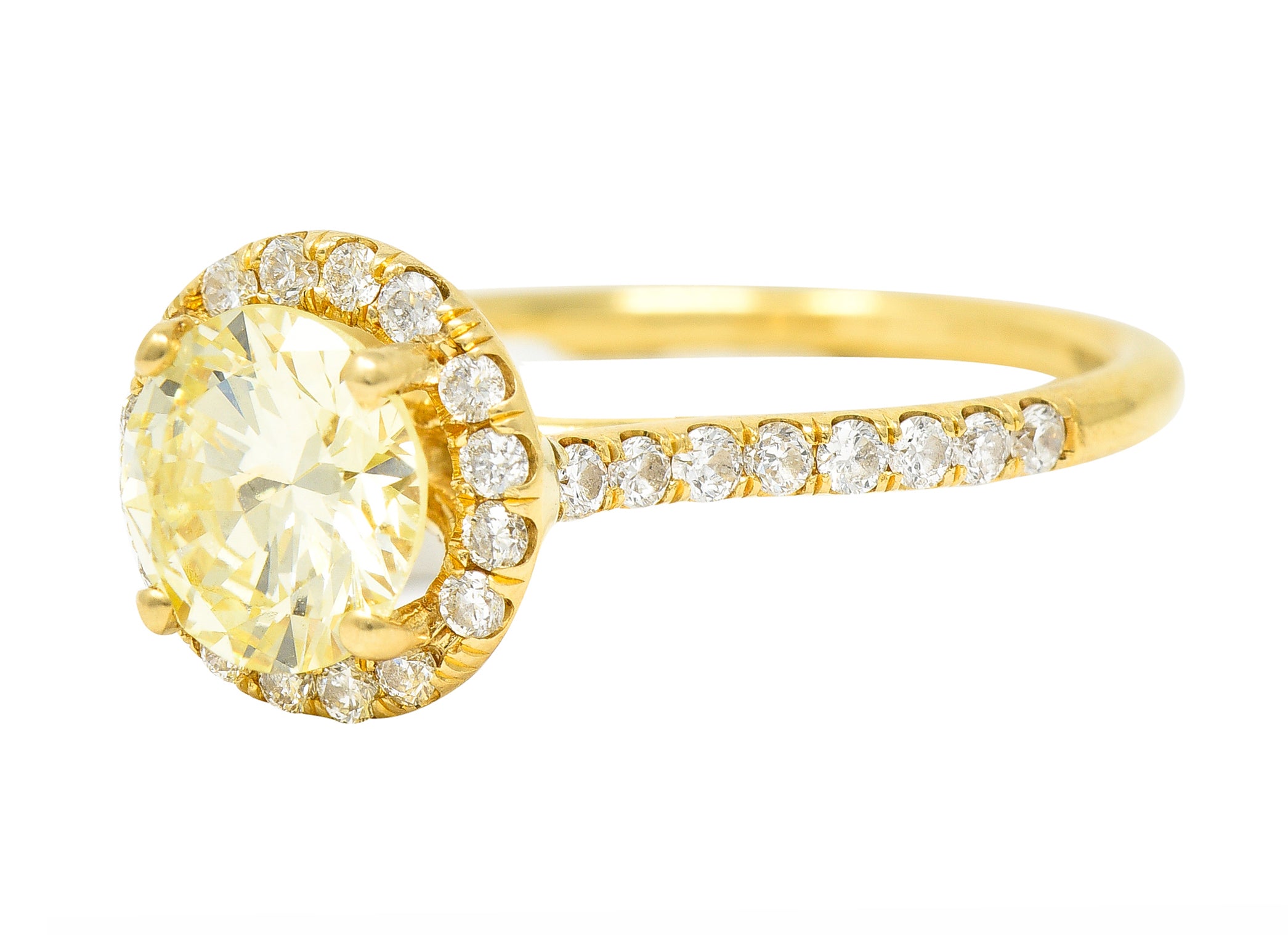 Contemporary 1.65 CTW Fancy Light Yellow Diamond 18 Karat Yellow Gold Halo Engagement Ring GIA Wilson's Estate Jewelry