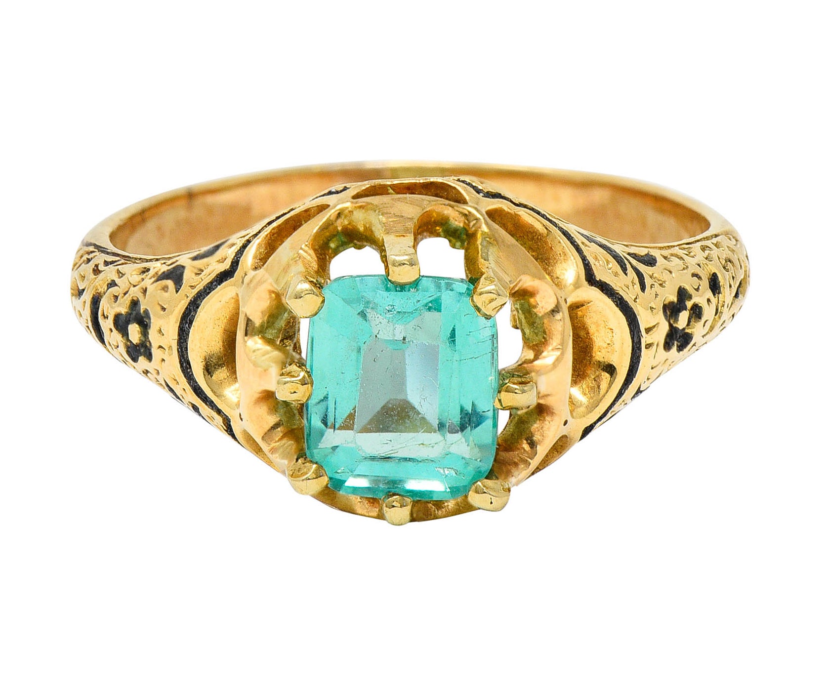 Victorian 0.90 CTW Emerald Enamel 14 Karat Yellow Gold Floral RingRing - Wilson's Estate Jewelry