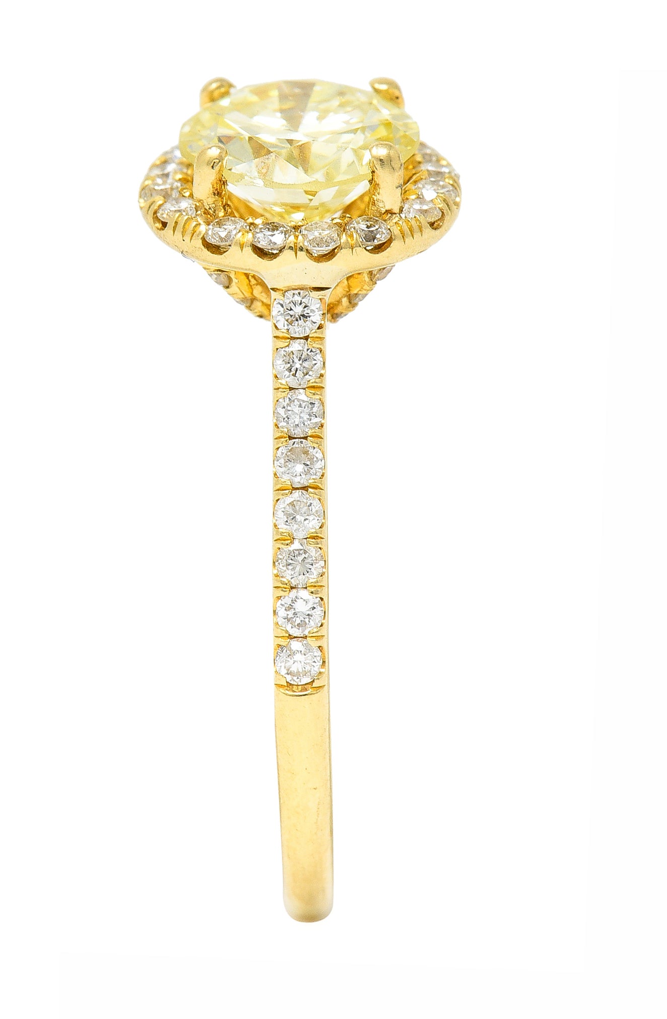 Contemporary 1.65 CTW Fancy Light Yellow Diamond 18 Karat Yellow Gold Halo Engagement Ring GIA Wilson's Estate Jewelry