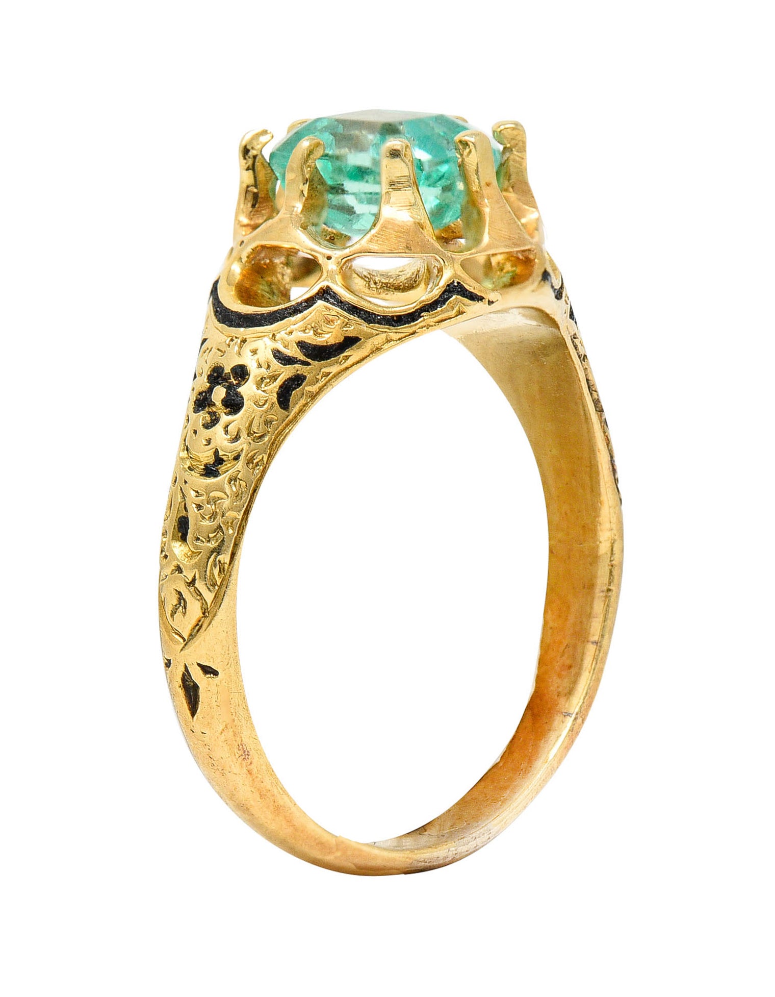 Victorian 0.90 CTW Emerald Enamel 14 Karat Yellow Gold Floral RingRing - Wilson's Estate Jewelry