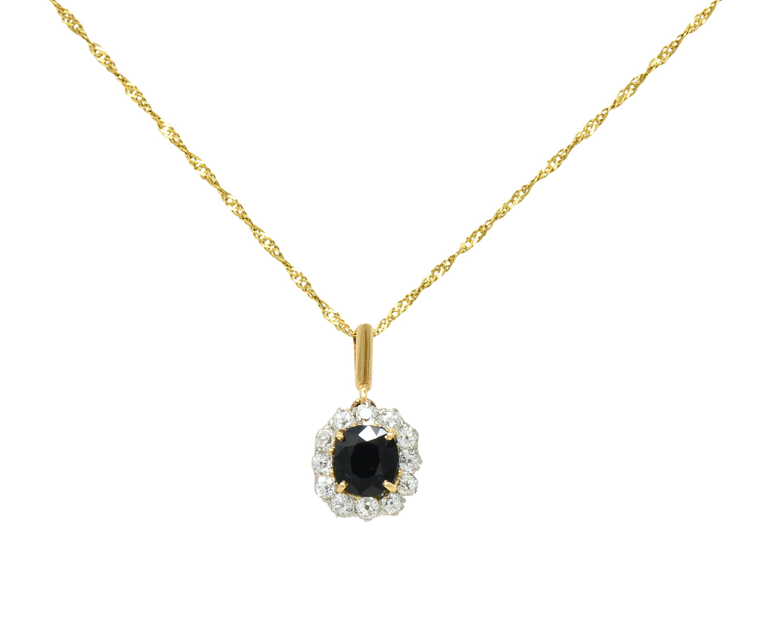 Edwardian 3.07 CTW Sapphire Diamond 14 Karat Two-Tone Gold Cluster Pendant Necklace - Wilson's Estate Jewelry