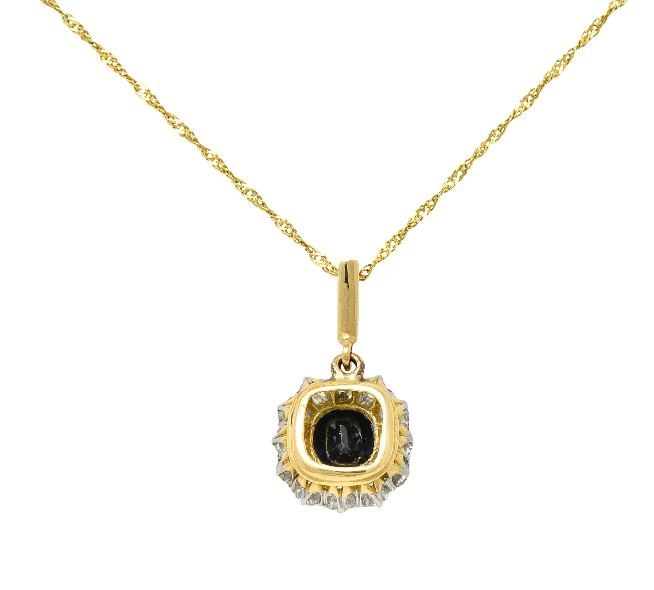 Edwardian 3.07 CTW Sapphire Diamond 14 Karat Two-Tone Gold Cluster Pendant Necklace - Wilson's Estate Jewelry