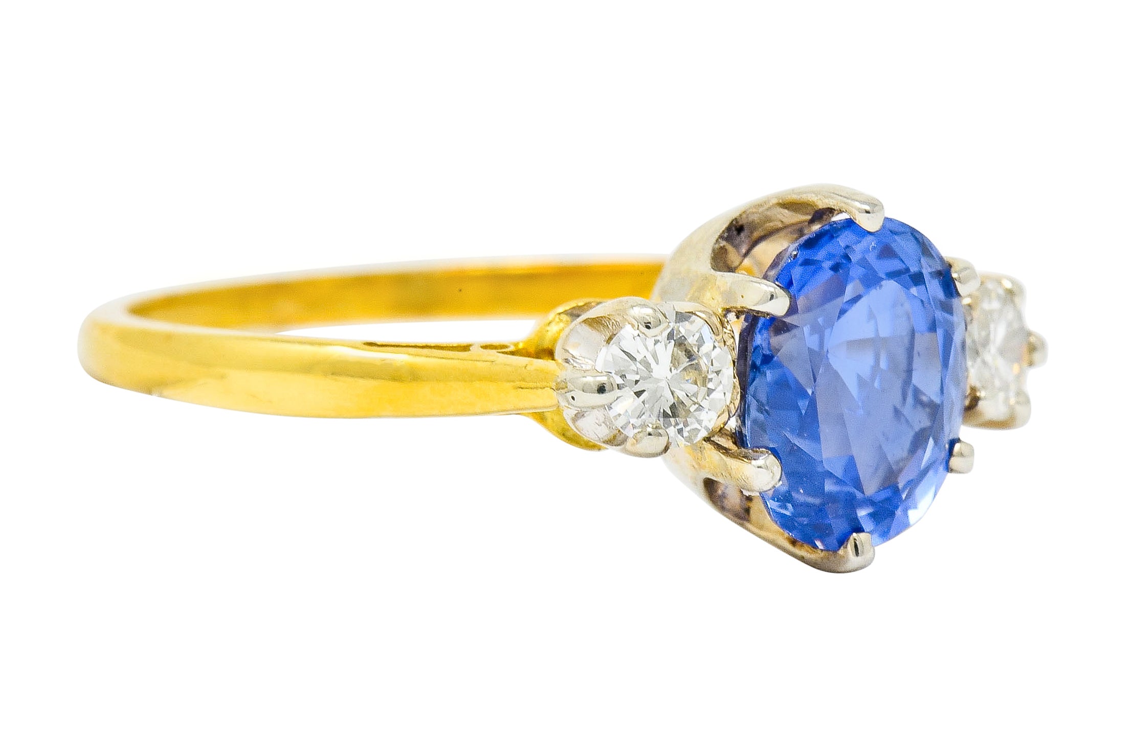 1955 Mid-Century 1.70 CTW Sapphire Diamond 18 Karat Two-Tone Gold Three Stone Ring - Wilson's Estate Jewelry