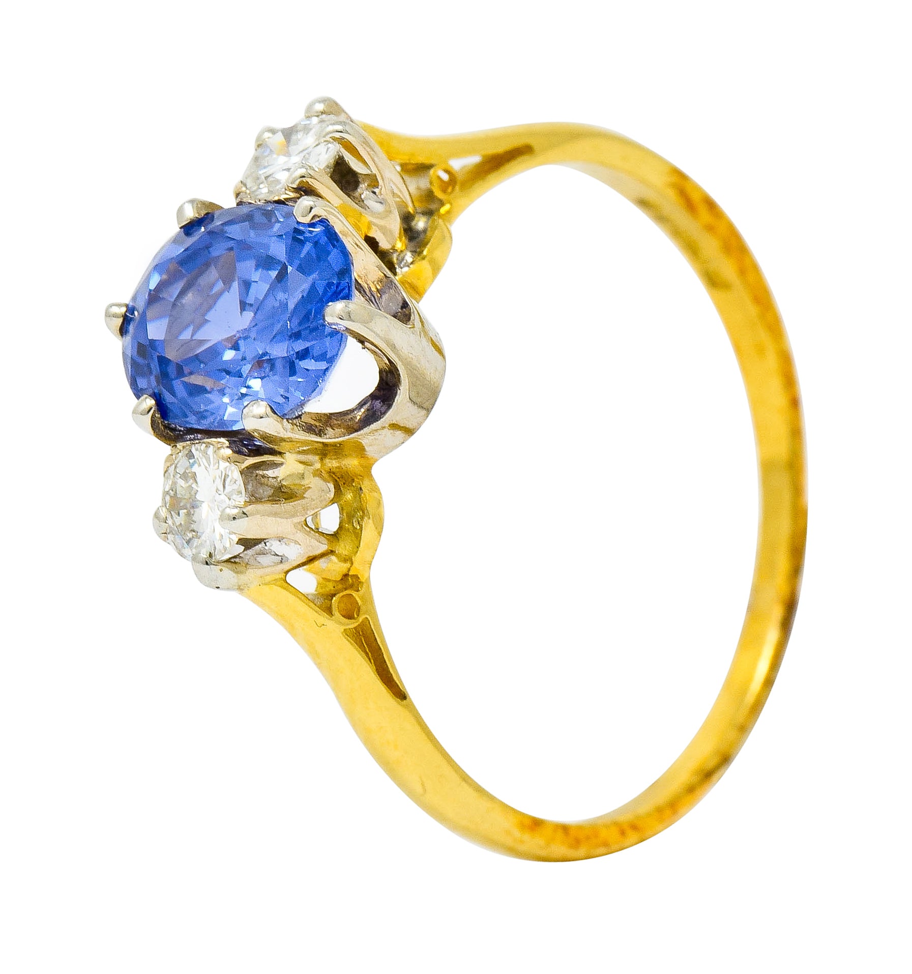 1955 Mid-Century 1.70 CTW Sapphire Diamond 18 Karat Two-Tone Gold Three Stone Ring - Wilson's Estate Jewelry