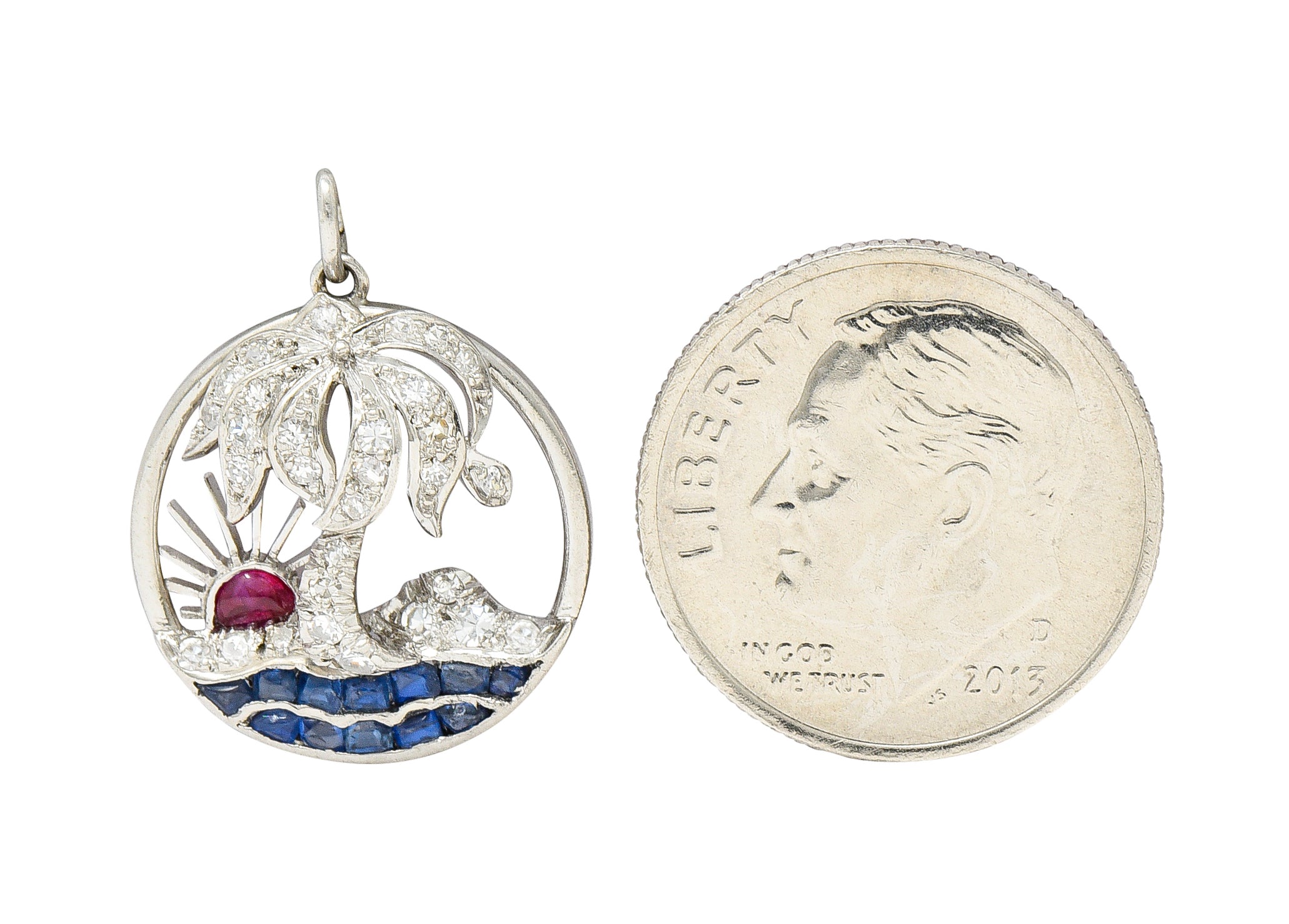 Art Deco Diamond Ruby Sapphire Platinum Palm Tree Tropical Beach Charm Wilson's Estate Jewelry