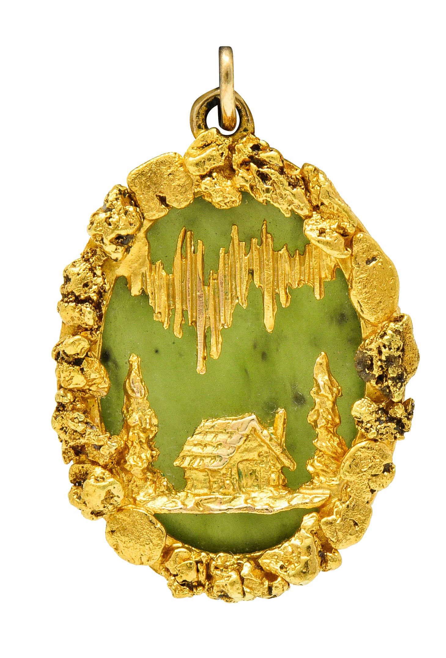 Art Nouveau Nephrite Jade 18 Karat Gold Rush California Cabin Pendant Charmcharm - Wilson's Estate Jewelry