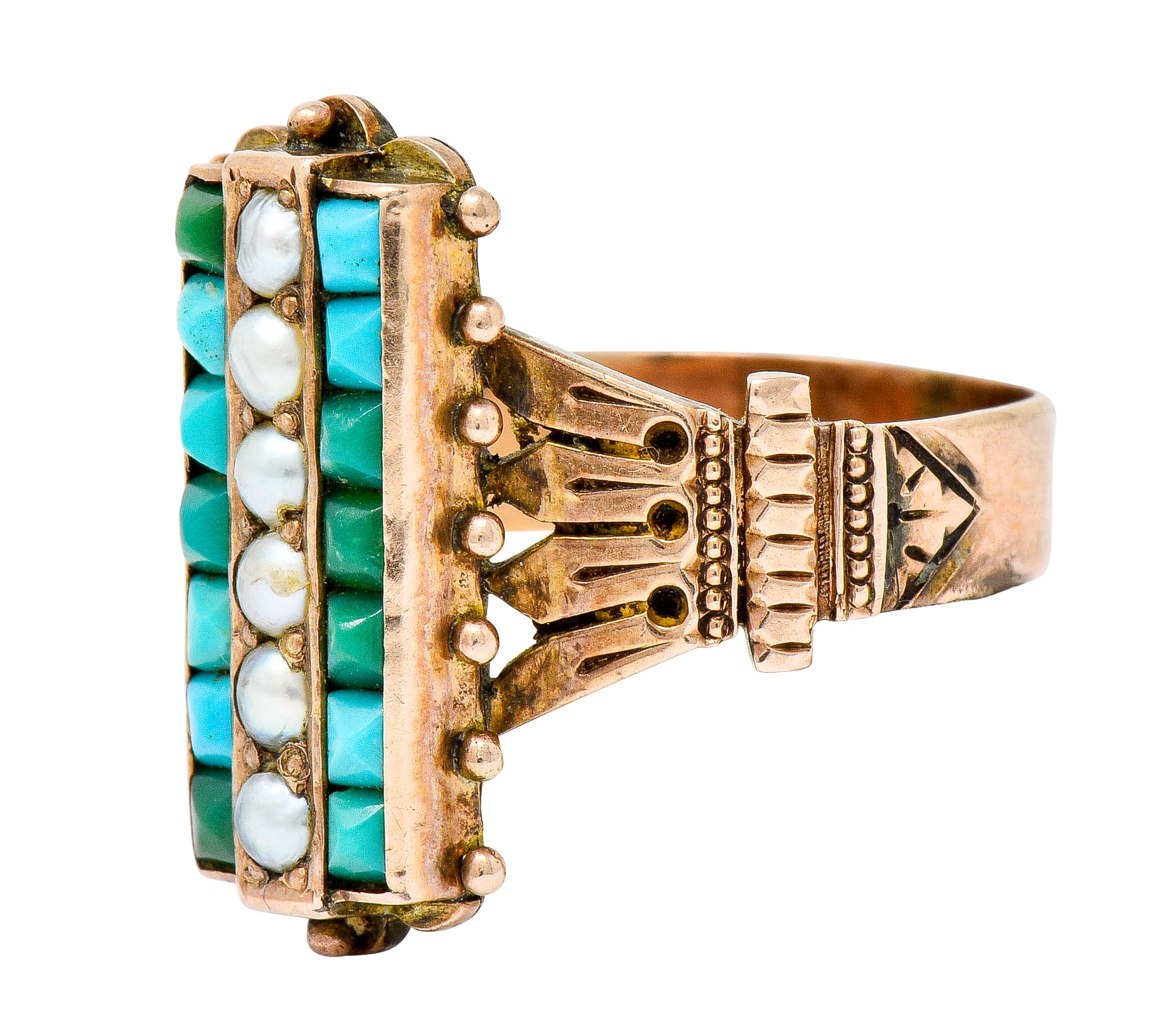 Victorian Etruscan Revival Natural Seed Pearl Turquoise 14 Karat Rose Gold Ring - Wilson's Estate Jewelry