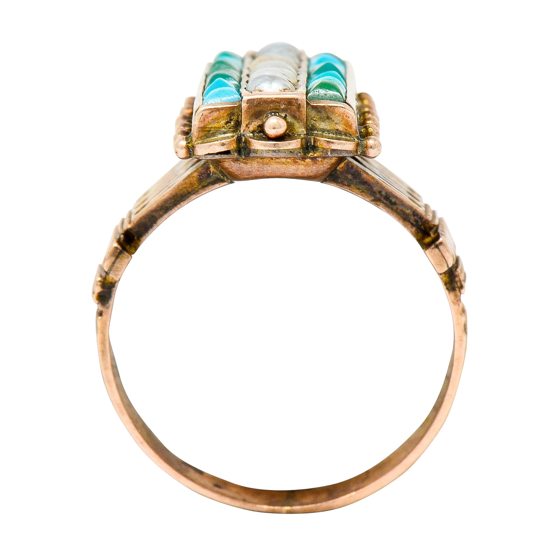 Victorian Etruscan Revival Natural Seed Pearl Turquoise 14 Karat Rose Gold Ring - Wilson's Estate Jewelry