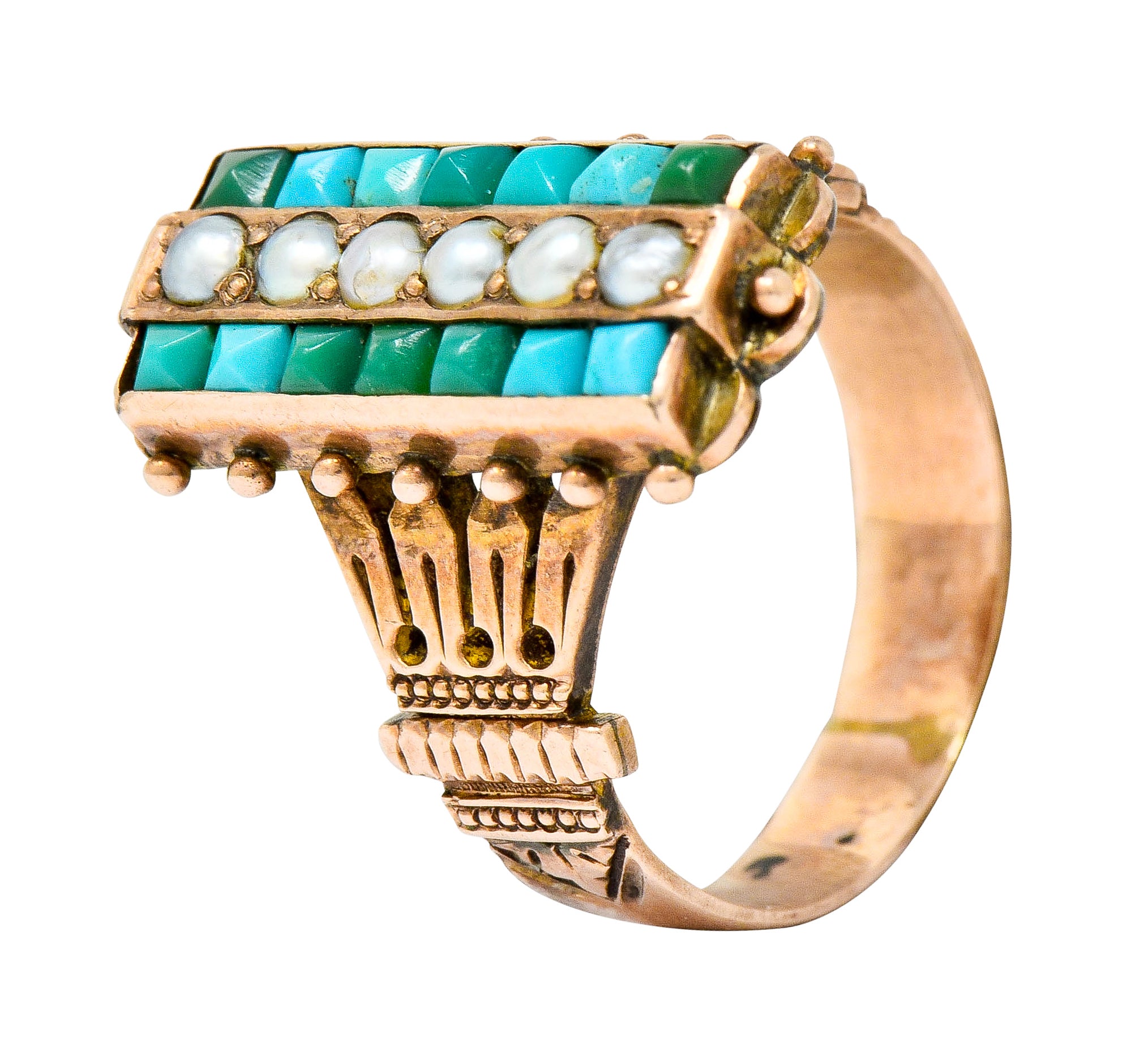 Victorian Etruscan Revival Natural Seed Pearl Turquoise 14 Karat Rose Gold Ring - Wilson's Estate Jewelry