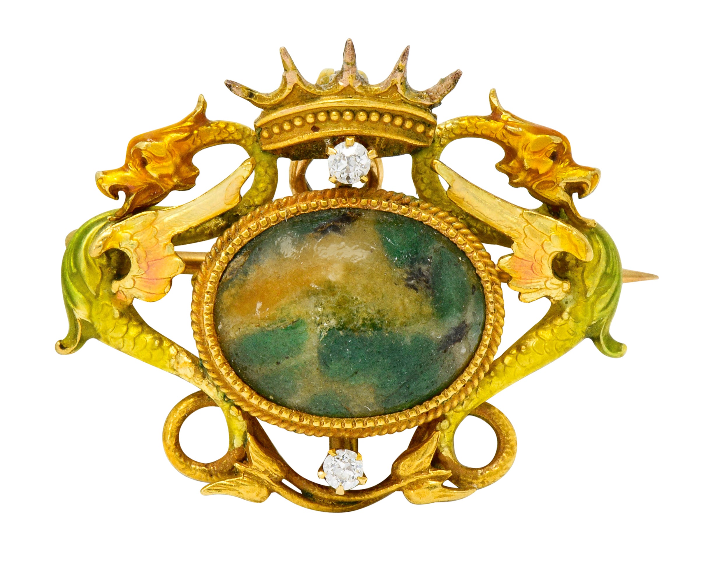 Krementz Art Nouveau Hardstone Diamond Enamel 14 Karat Gold Dragon Cabochon Pendant Brooch - Wilson's Estate Jewelry